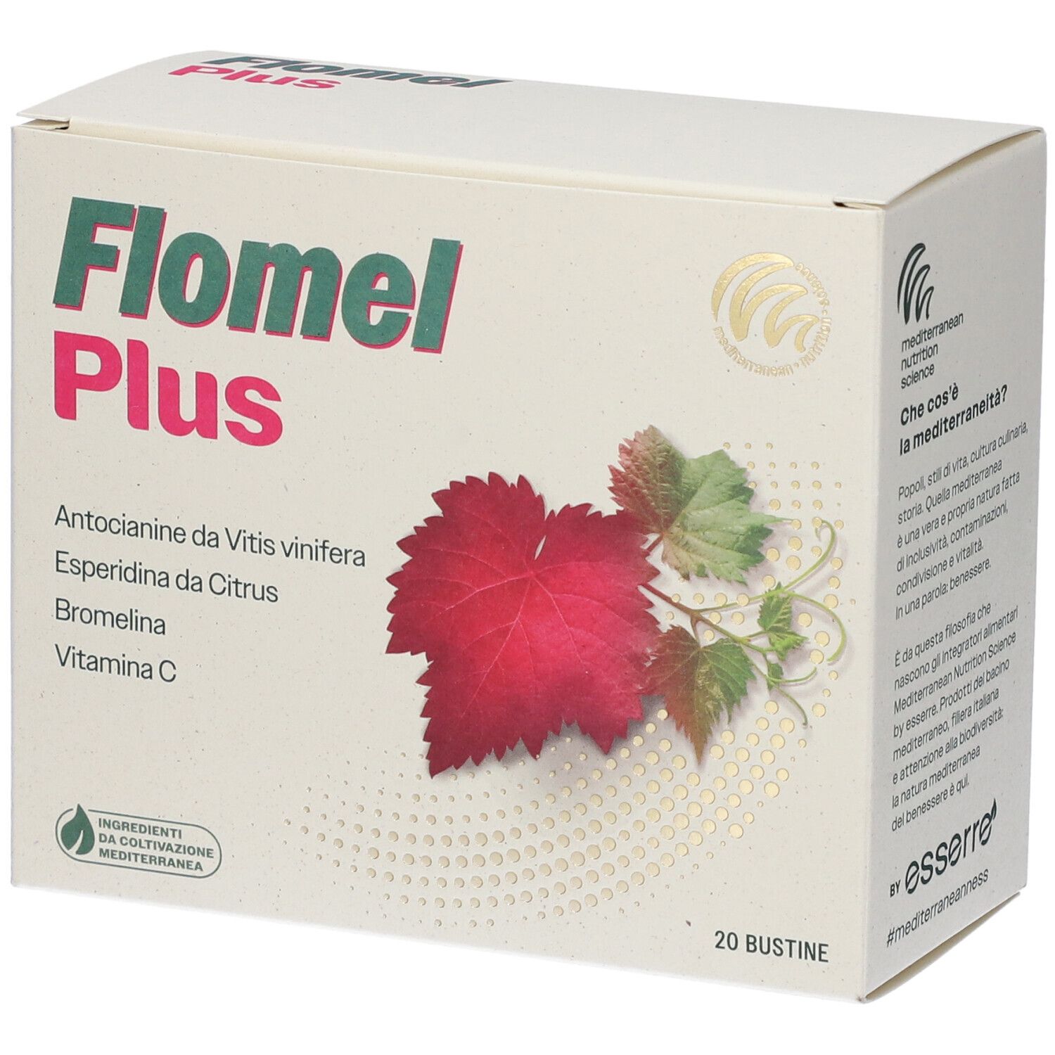Boîte de Flomel Plus. Ingrédient alimentaire. Contient 20 sachets. Logo Essere Pharma.