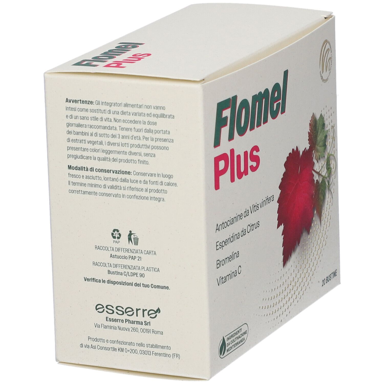 Boîte Flomel Plus. Ingrédient alimentaire. Sans gluten, sans lactose. Code QR et logo Essere Pharma.