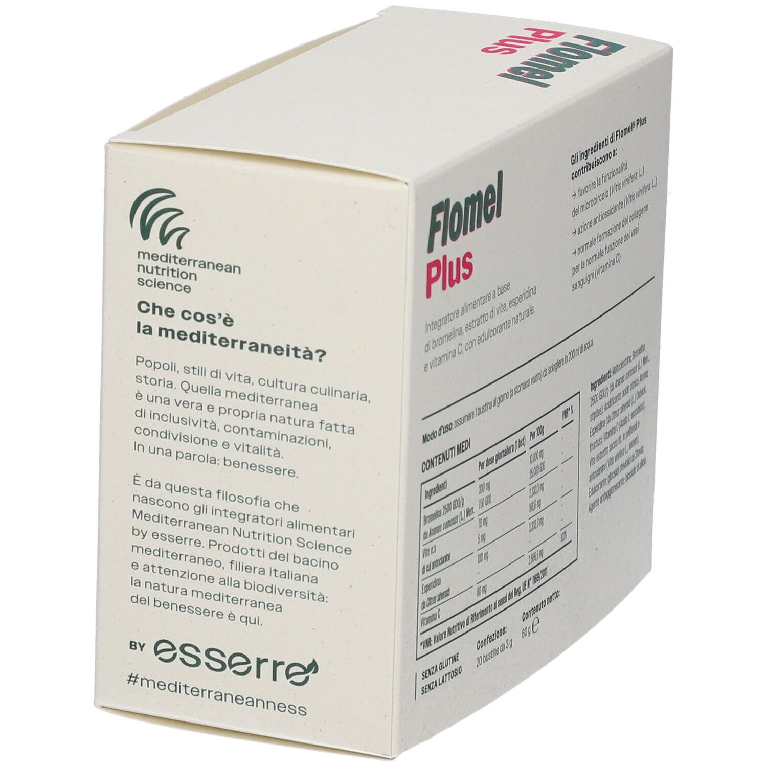 Côté de la boîte Flomel Plus. Informations de stockage et d'élimination. Logo Essere Pharma.