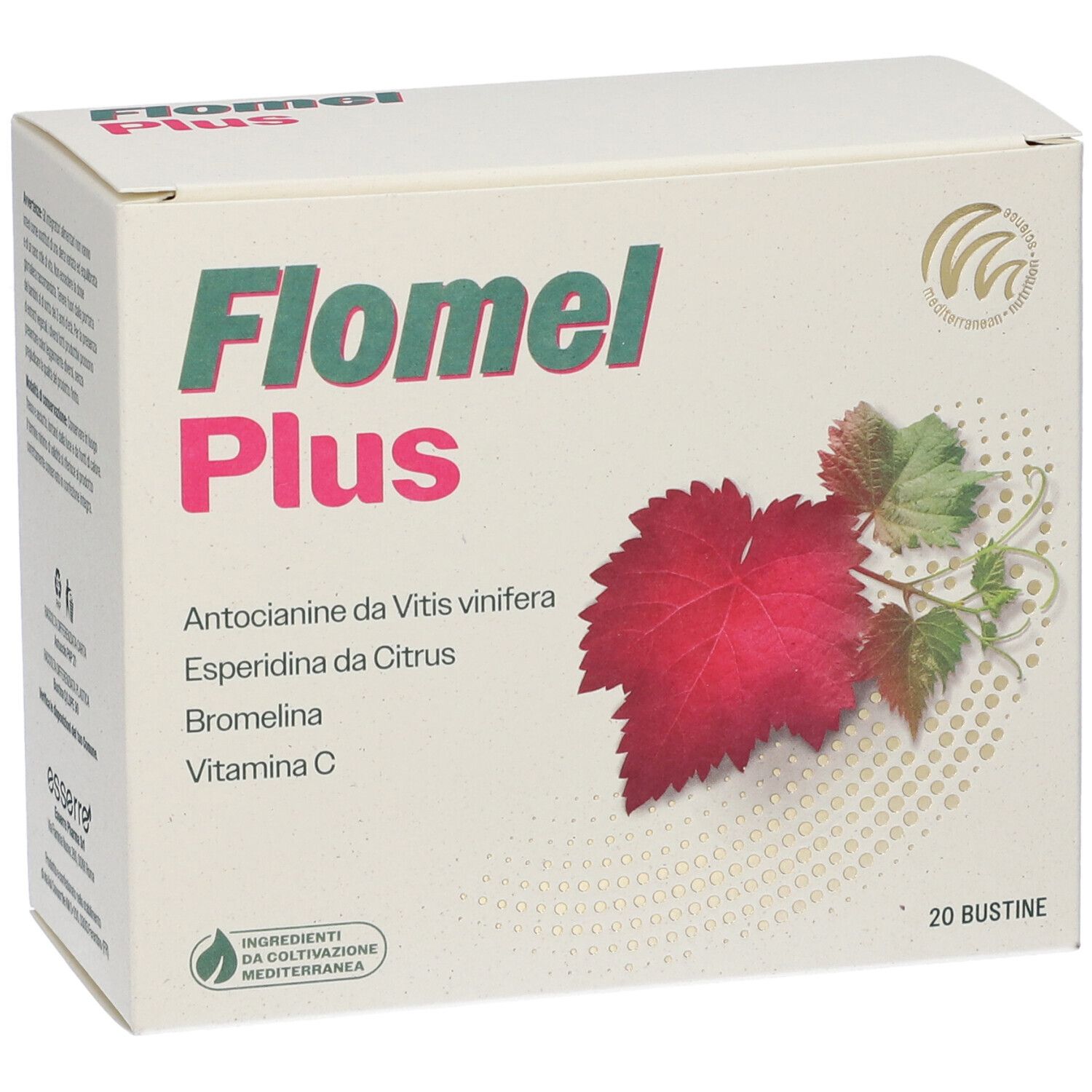 Boîte Flomel Plus. Ingrédient alimentaire. Contient 20 sachets. Logo Essere Pharma.