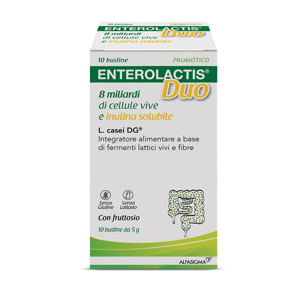 Verpackung mit Enterolactis Duo. Enthält 10 Beutel. Aufschrift: 8 Milliarden lebende Zellen und lösliches Inulin.