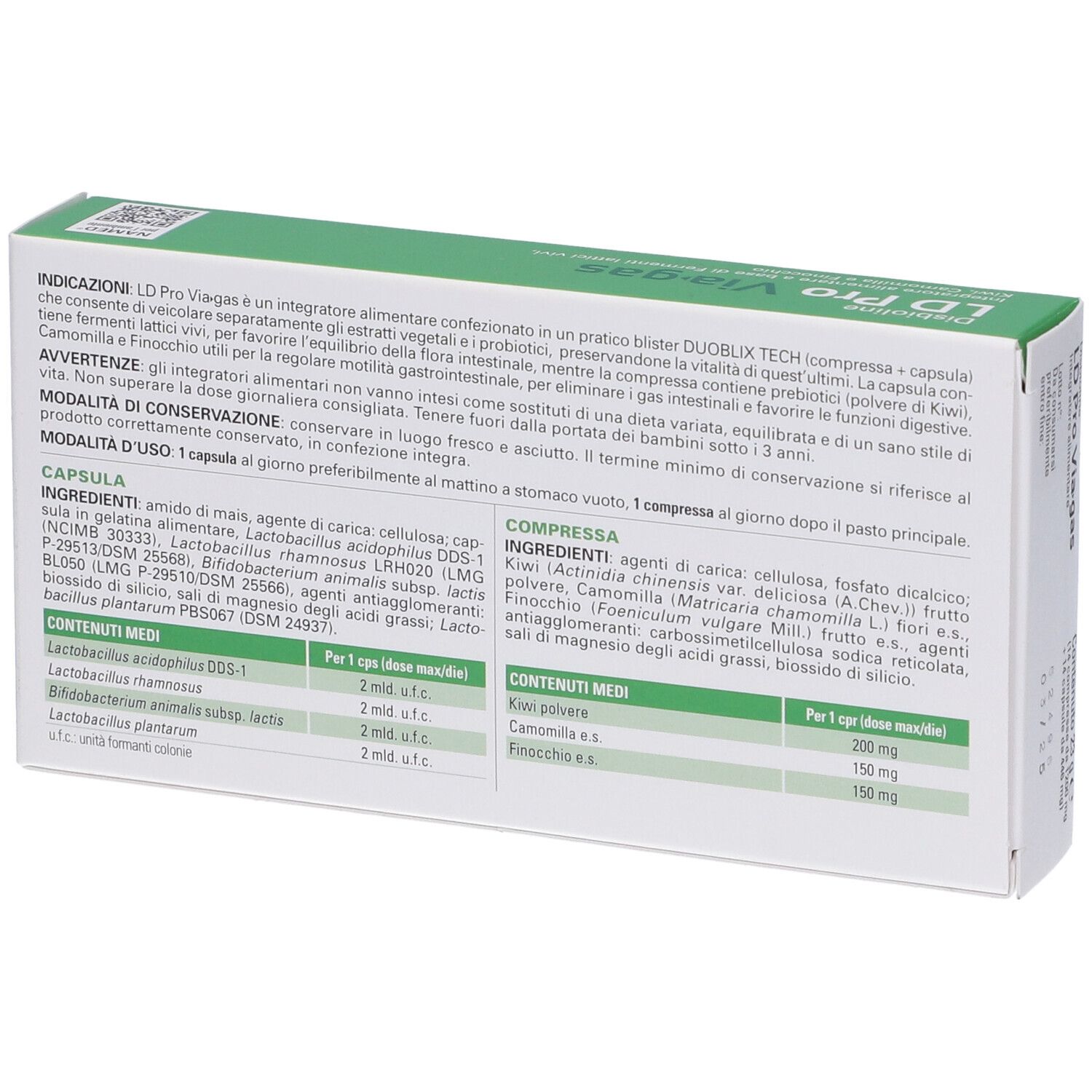 Rückseite der LD Pro Viagas Verpackung. Enthält Informationen zu Inhaltsstoffen und Anwendung. Text in italienischer Sprache.