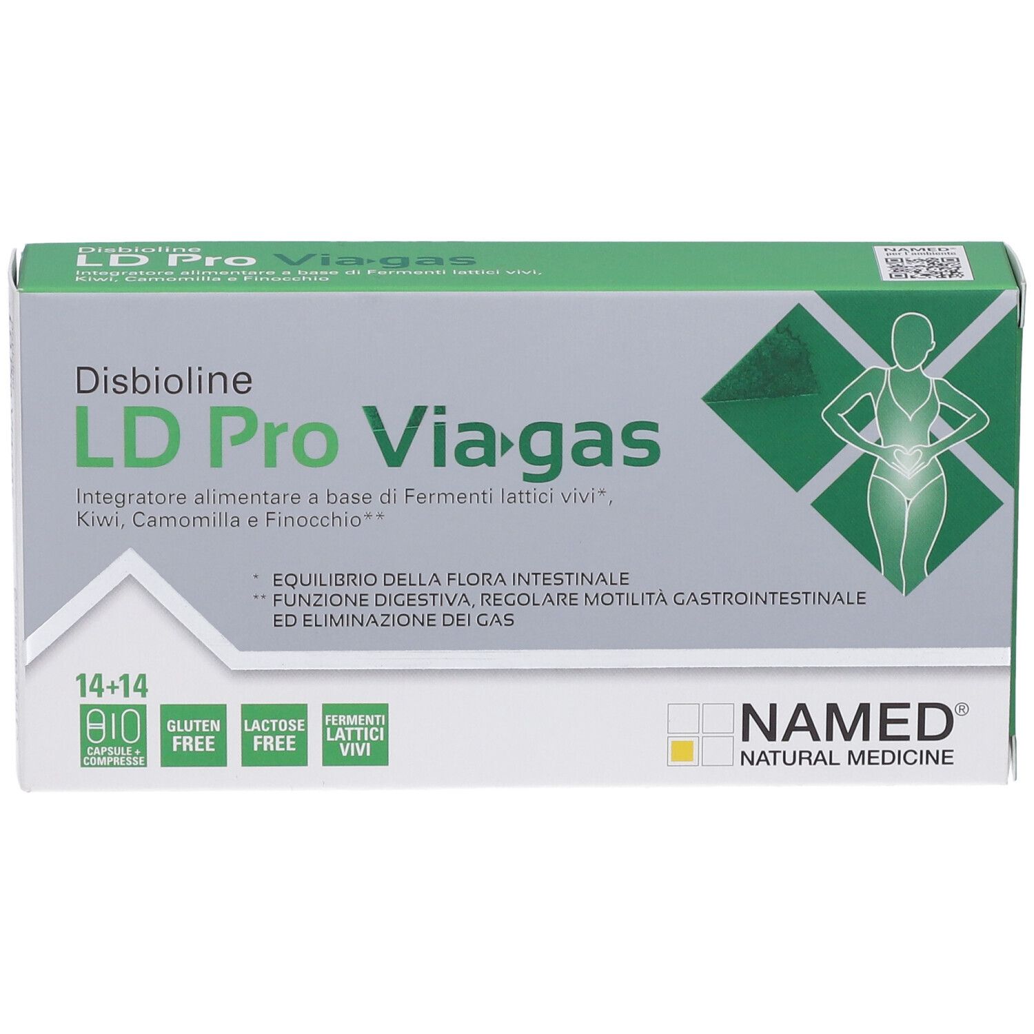 Grüne Schachtel LD Pro Viagas, 14 Kapseln + 14 Tabletten. Glutenfrei, laktosefrei, lebende Fermente. NAMED-Logo.