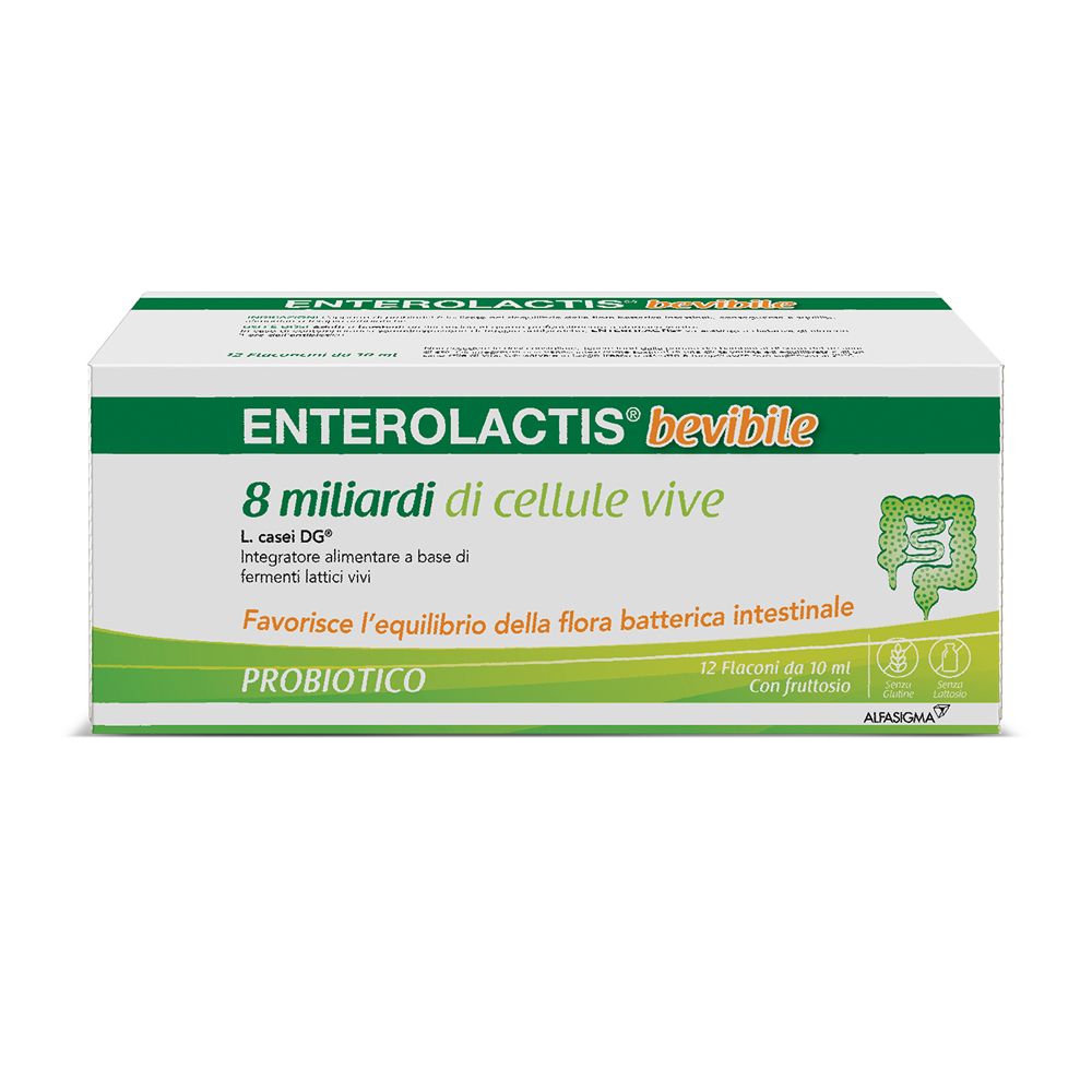 Verpackung von Enterolactis Trinkfläschchen. Enthält 12 Fläschchen. Aufschrift: 8 Milliarden lebende Zellen. Probiotikum.