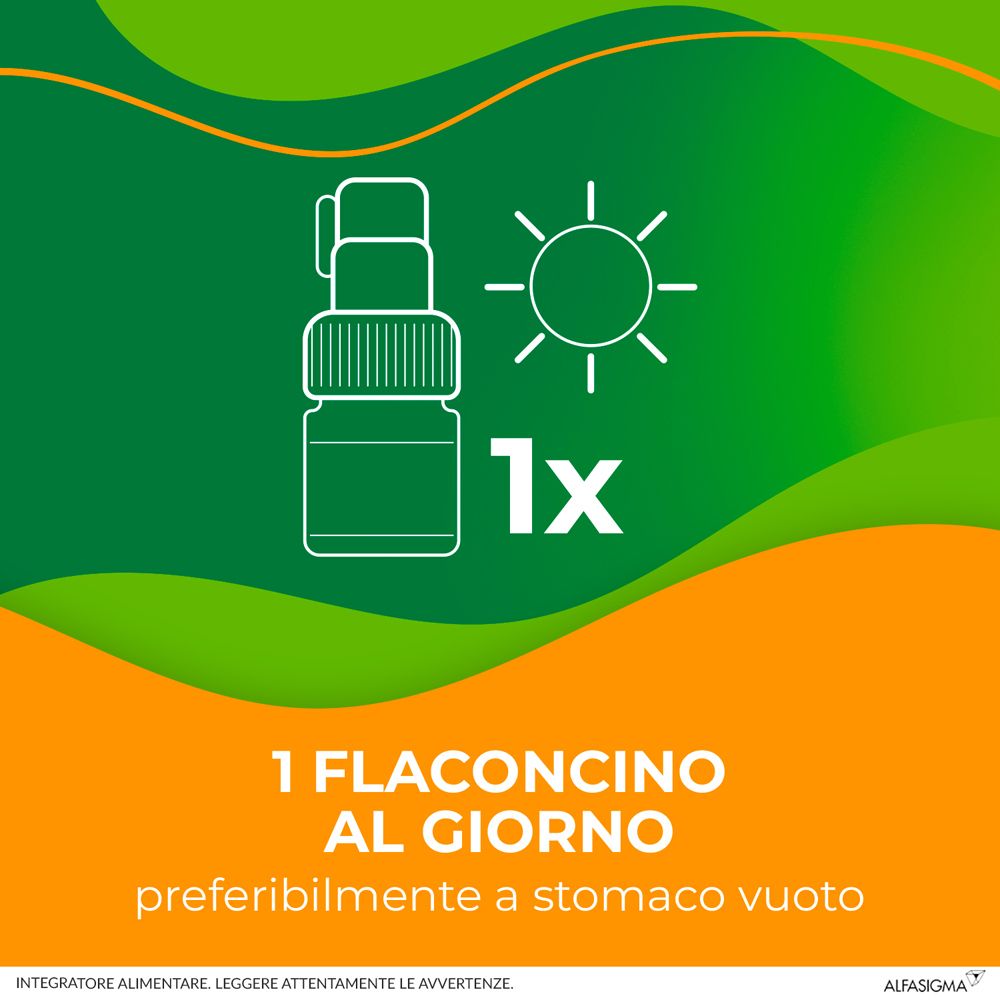 Grafik: Flasche Enterolactis und Sonne. Text: 1 Fläschchen pro Tag, vorzugsweise auf nüchternen Magen.