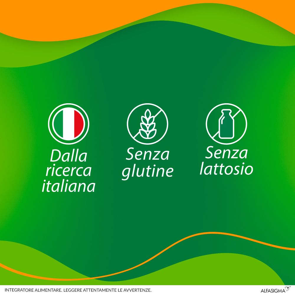 Grafik mit Symbolen: Italienische Forschung, glutenfrei, laktosefrei. Text.