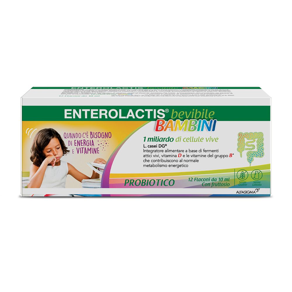 Verpackung von Enterolactis Trinkbare Kinder. Enthält 12 Fläschchen. Mit Bild eines Kindes und Produktinformationen.