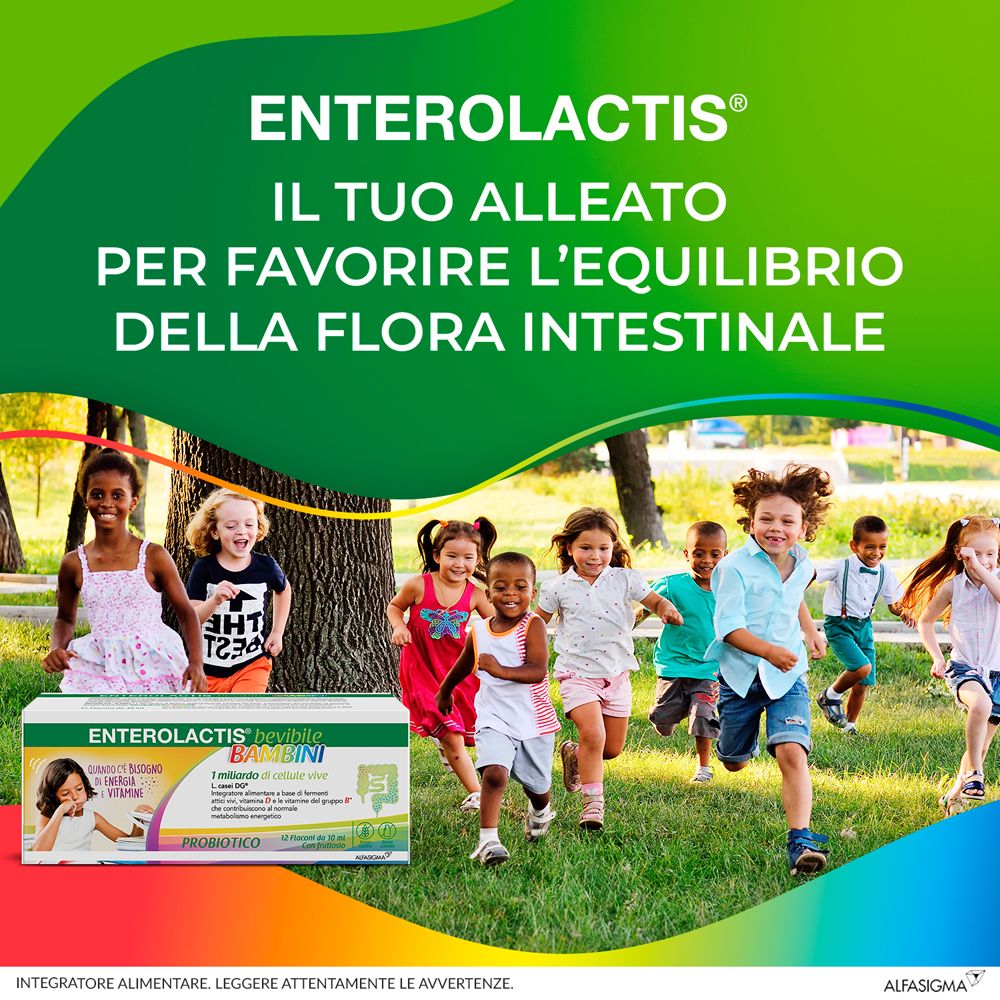 Kinder laufen fröhlich. Im Vordergrund eine Packung Enterolactis Trinkbare Kinder. Text: 'Il tuo alleato per favorire l'equilibrio della flora intestinale'.