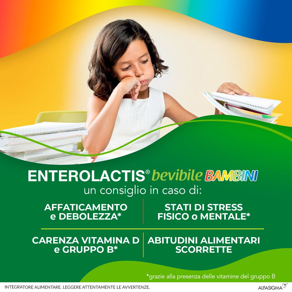 Ein Kind sitzt nachdenklich. Text: 'Enterolactis Trinkbare Kinder' und Hinweise bei Müdigkeit, Stress, Vitamin D-Mangel und schlechten Essgewohnheiten.