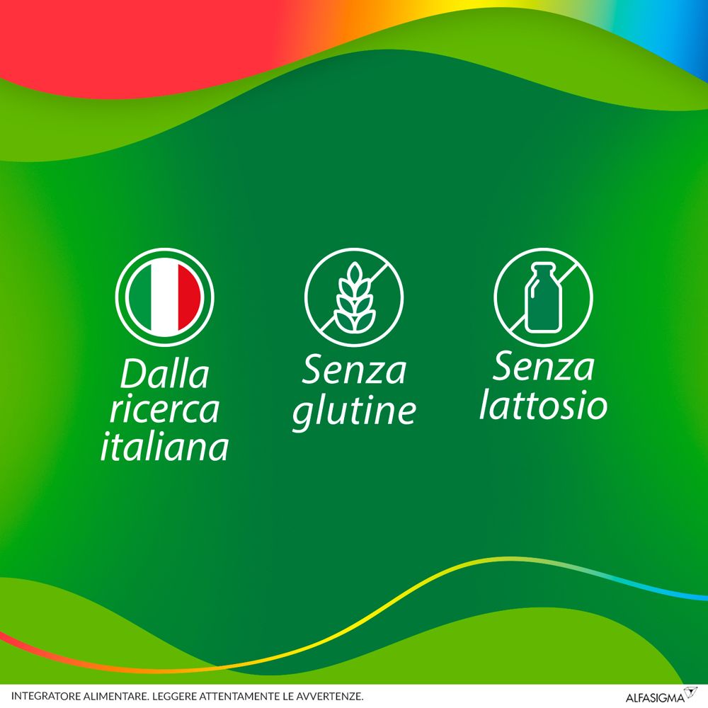 Symbole: 'Aus italienischer Forschung', 'Glutenfrei', 'Laktosefrei'. Auf grünem Hintergrund.