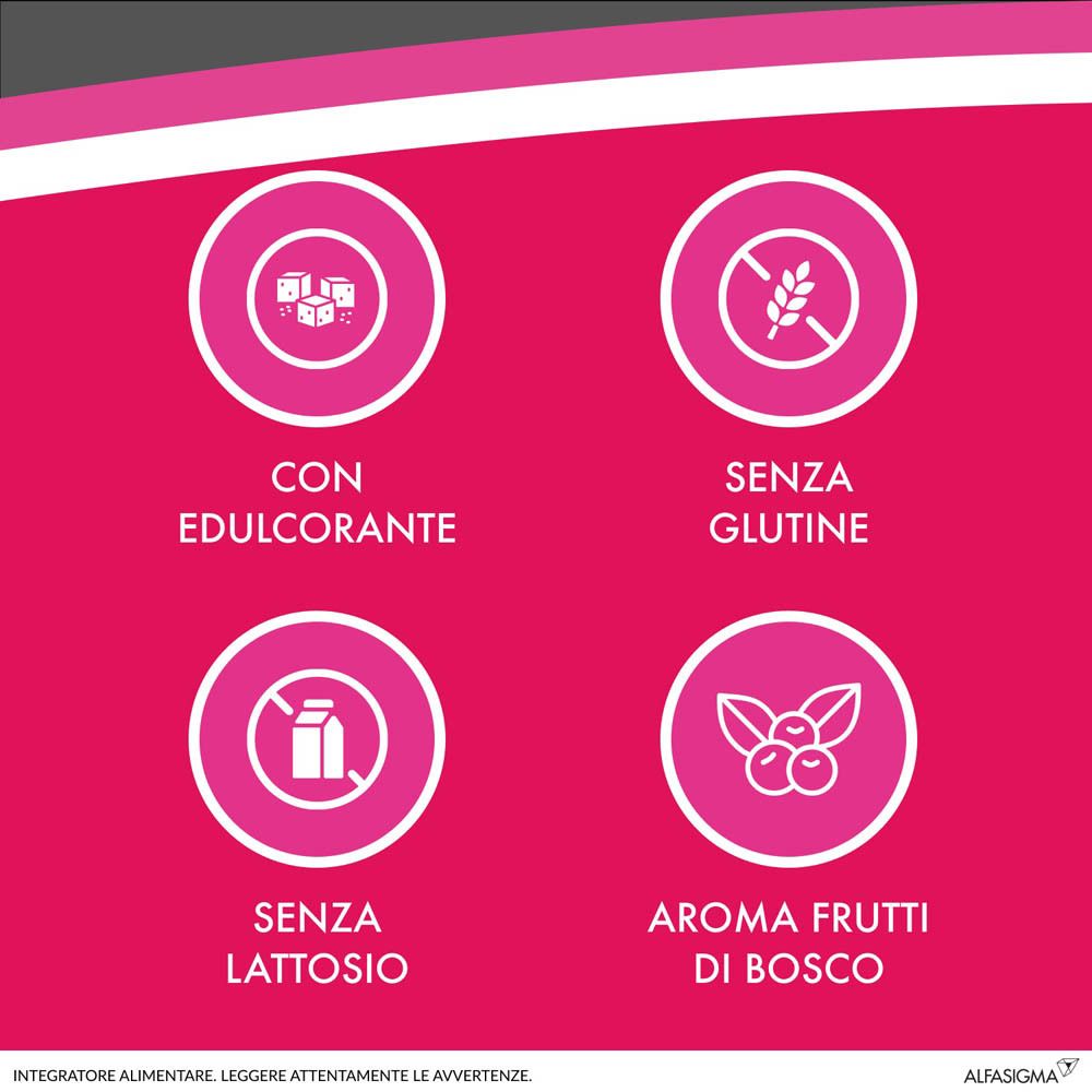 Rosa Hintergrund mit Symbolen: Ohne Zucker, glutenfrei, laktosefrei, Waldbeeraroma. Für Cistiflux plus.