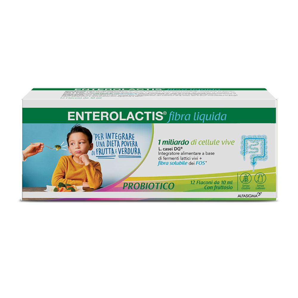 Boîte d'Enterolactis fibres liquides. 12 flacons, illustration d'un enfant refusant des légumes.
