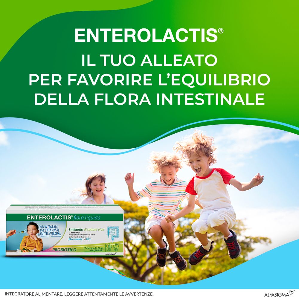 Publicité pour Enterolactis fibres liquides. Enfants sautant de joie. Texte : 'Votre allié pour l'équilibre de la flore intestinale'.