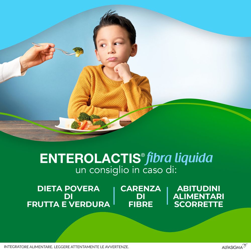 Publicité pour Enterolactis fibres liquides. Enfant refusant des légumes. Texte : 'En cas de carence en fibres, mauvaises habitudes alimentaires'.