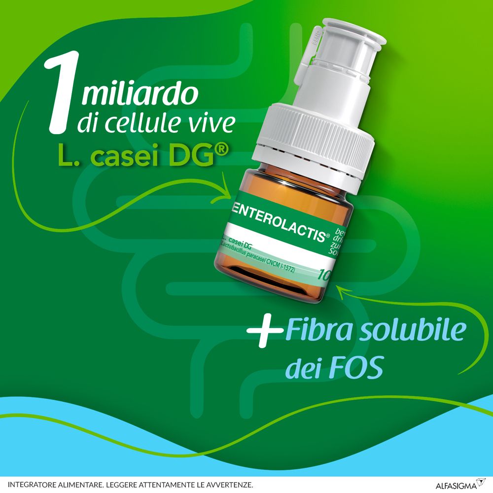 Flacon d'Enterolactis fibres liquides. 1 milliard de cellules vivantes. Contient L. casei DG et fibres FOS solubles.