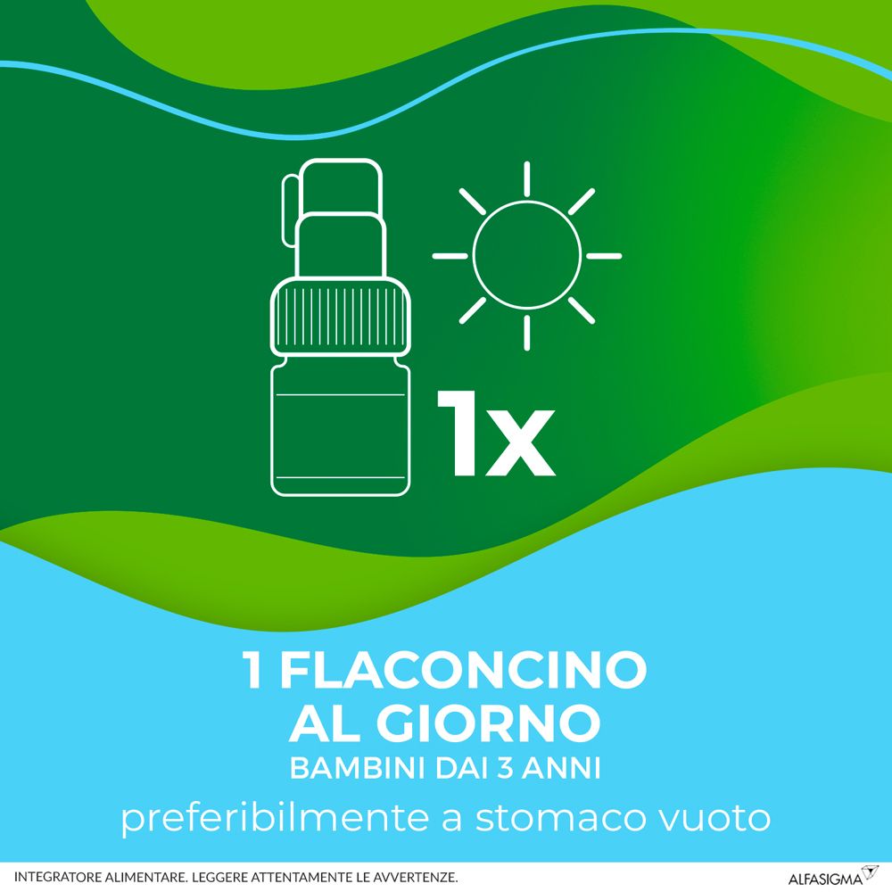 Graphique : 1 flacon par jour. Pour les enfants à partir de 3 ans, de préférence à jeun.