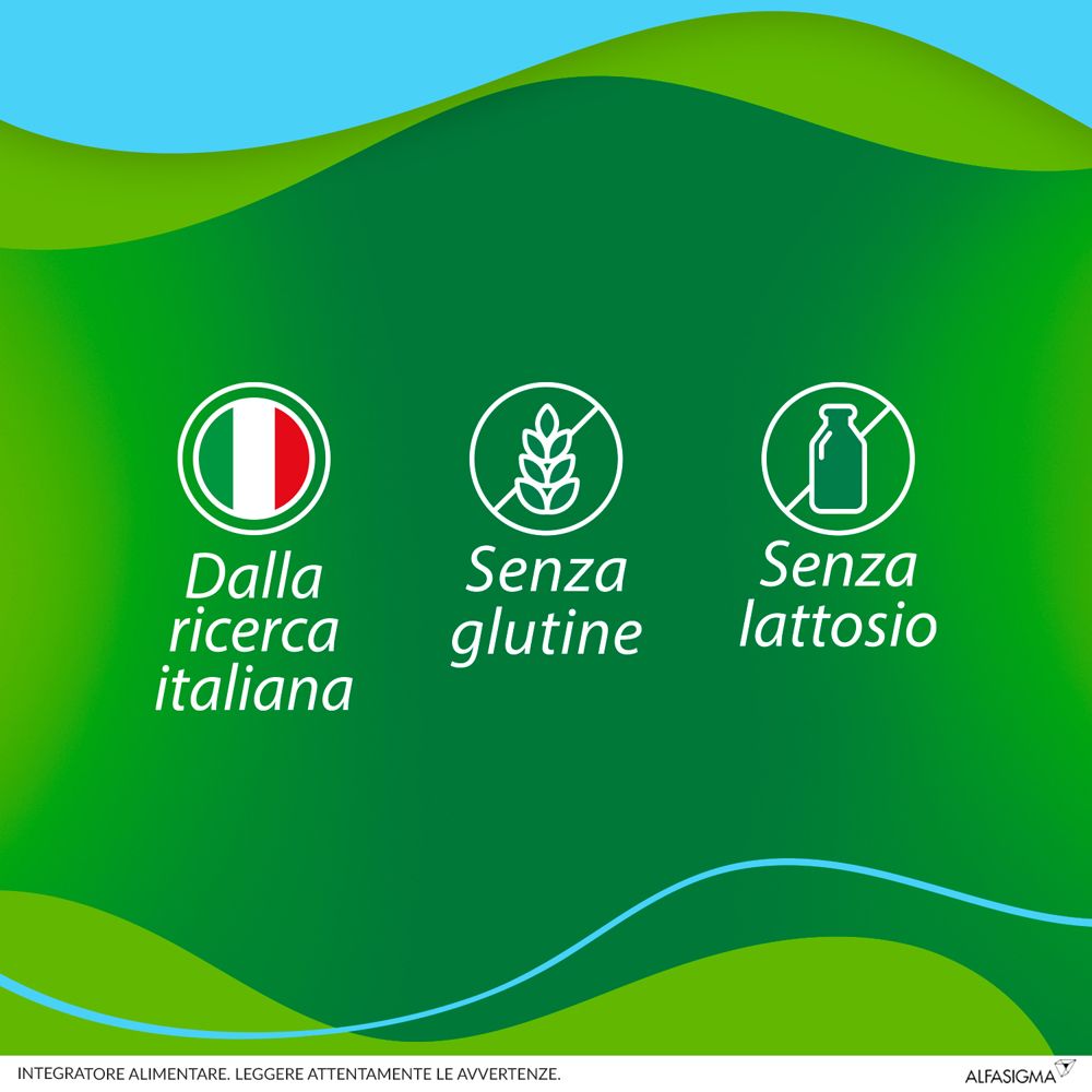 Symboles : 'Fabriqué en Italie', 'Sans gluten', 'Sans lactose'.
