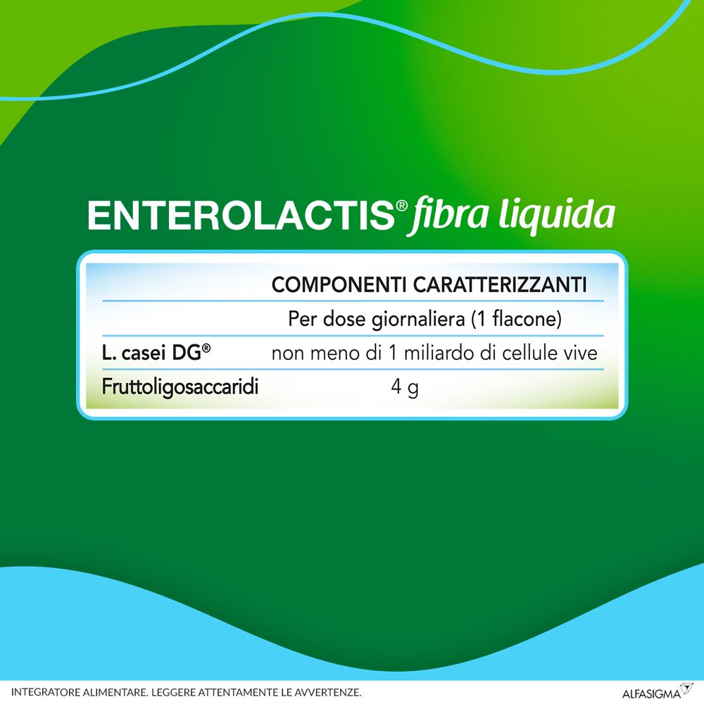 Tableau : Ingrédients d'Enterolactis fibres liquides. 1 milliard de cellules vivantes, 4g de fructo-oligosaccharides.