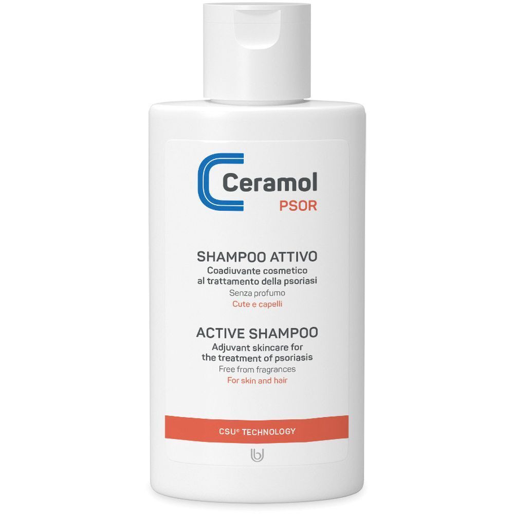 Weiße Flasche mit blauem Logo und Text. Produktname: Shampoo Attivo. Text in italienischer und englischer Sprache.