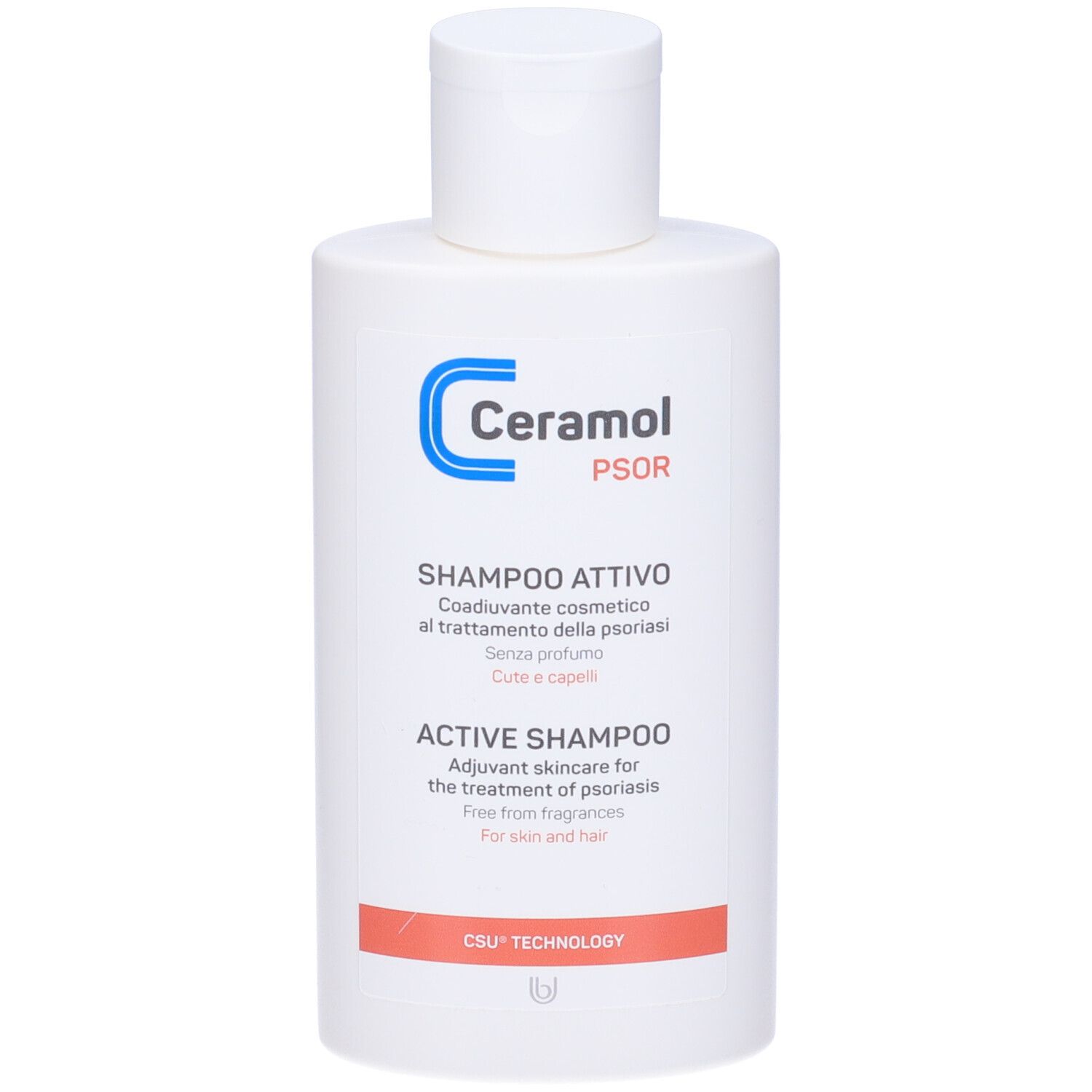 Weiße Flasche mit blauem Logo und Text. Produktname: Shampoo Attivo. Text in italienischer und englischer Sprache.