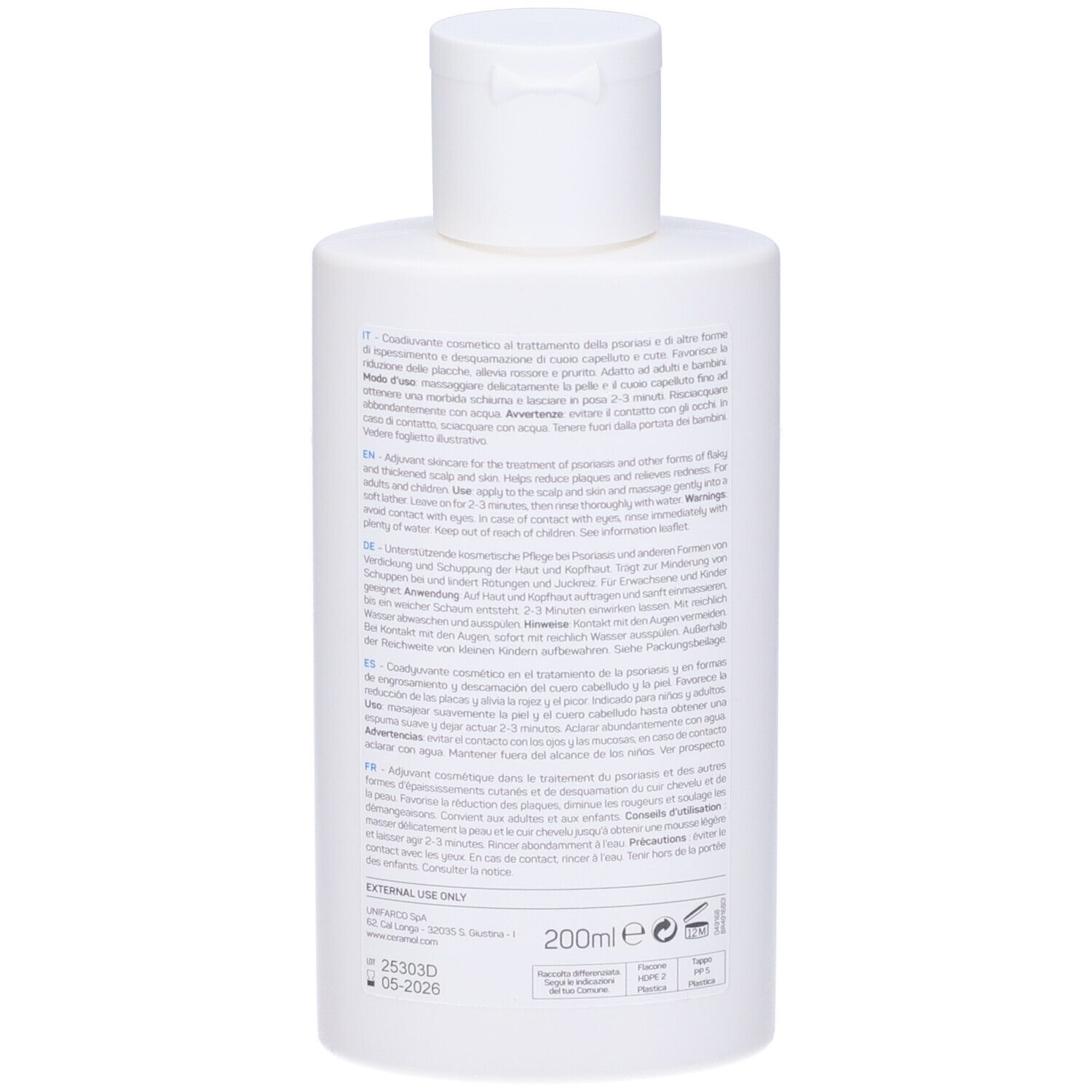 Rückseite einer weißen Flasche mit Text. Enthält Informationen in verschiedenen Sprachen, einschließlich Englisch und Italienisch.
