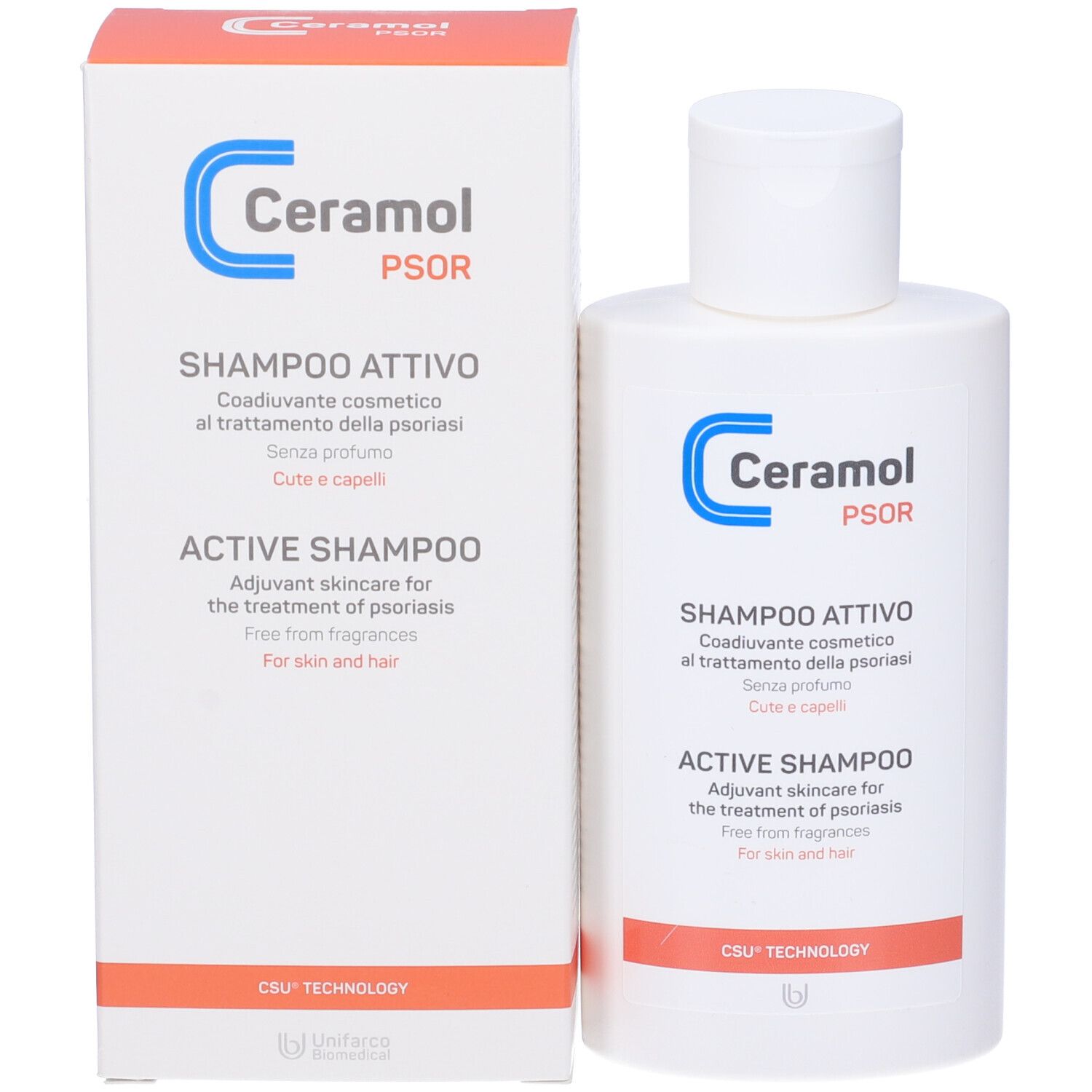 Produktverpackung und Flasche. Verpackung mit blauem Logo und Text. Flasche mit Produktnamen: Shampoo Attivo.