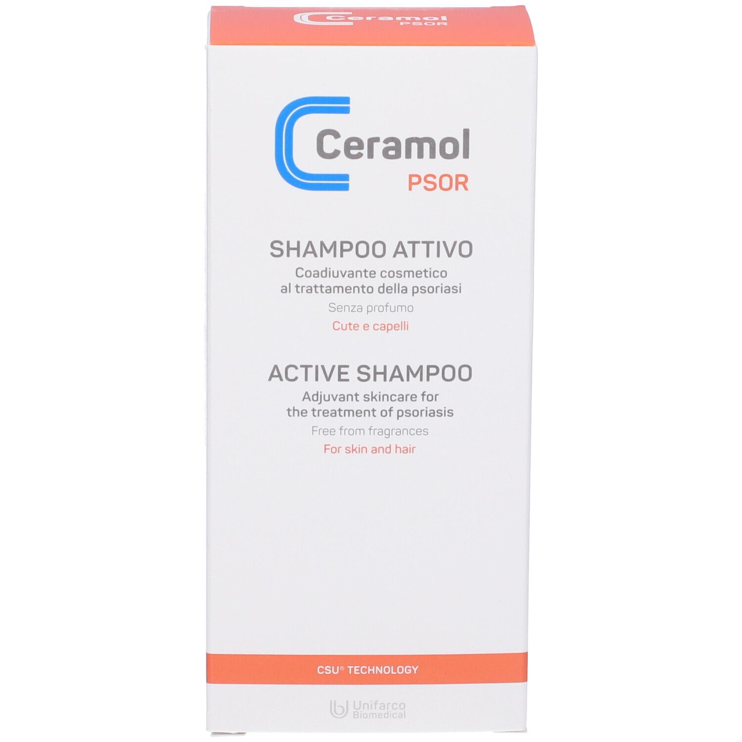 Produktverpackung mit blauem Logo und Text. Produktname: Shampoo Attivo. Text in italienischer und englischer Sprache.