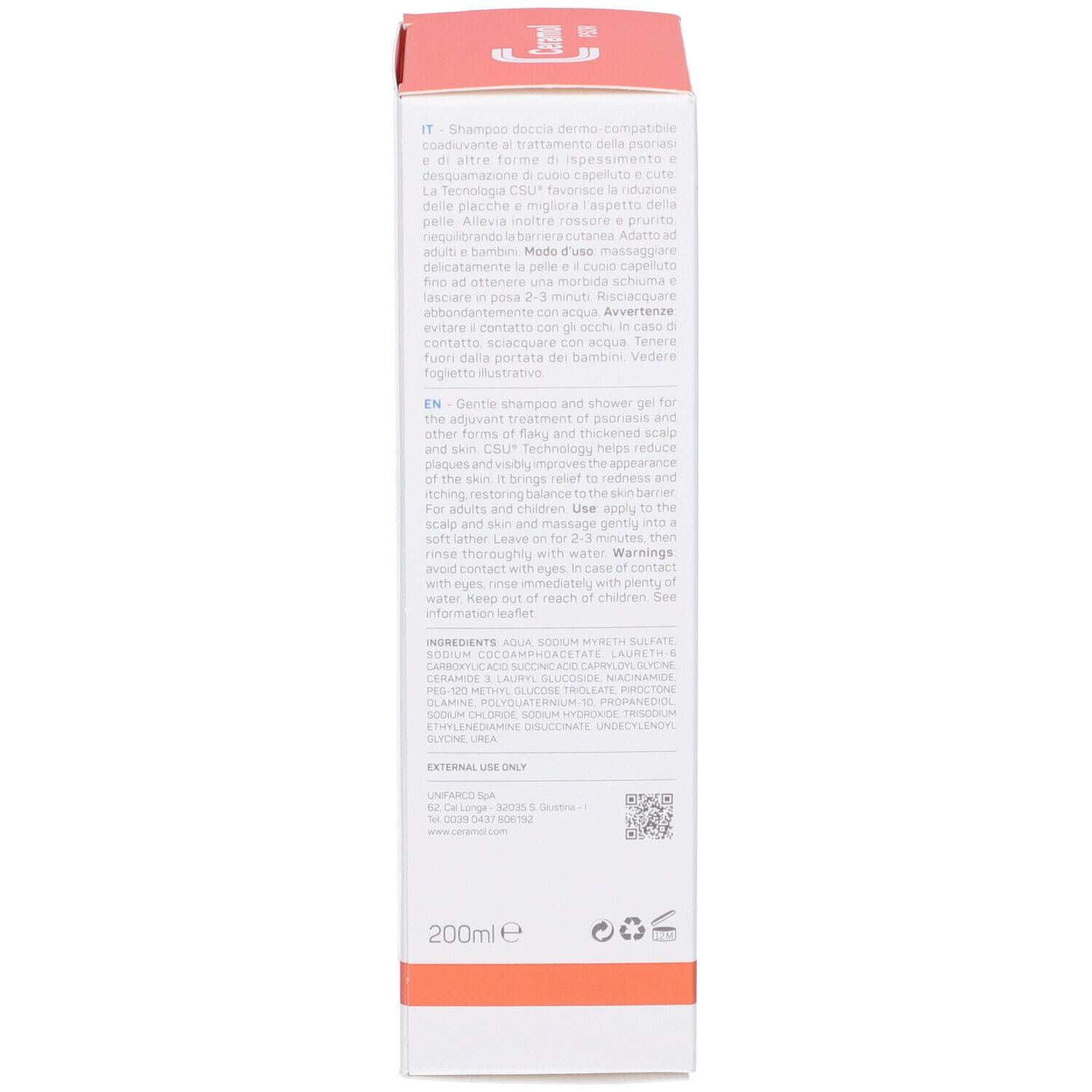 Produktverpackung mit Text. Enthält Informationen in verschiedenen Sprachen, einschließlich Englisch und Italienisch.