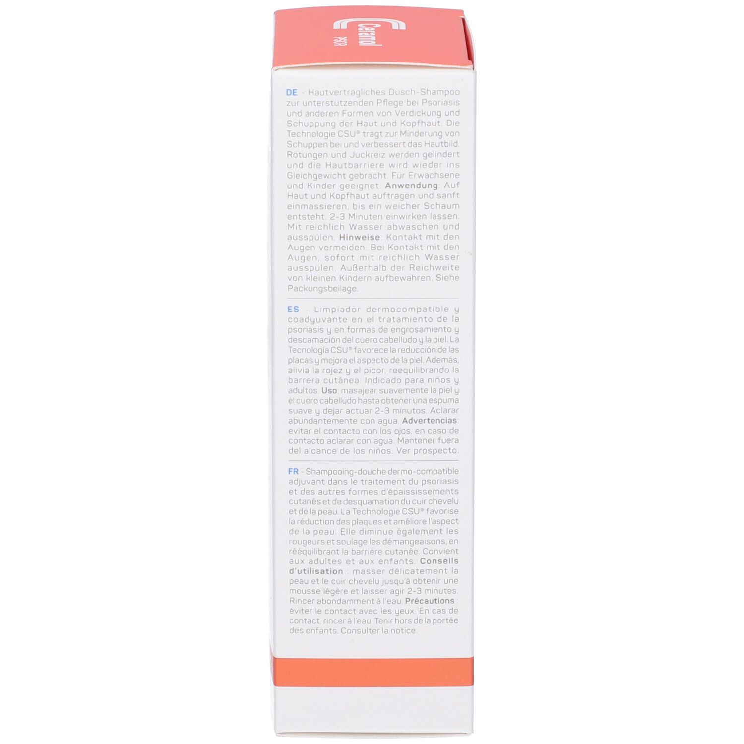 Produktverpackung mit Text. Enthält Informationen in verschiedenen Sprachen, einschließlich Deutsch und Französisch.