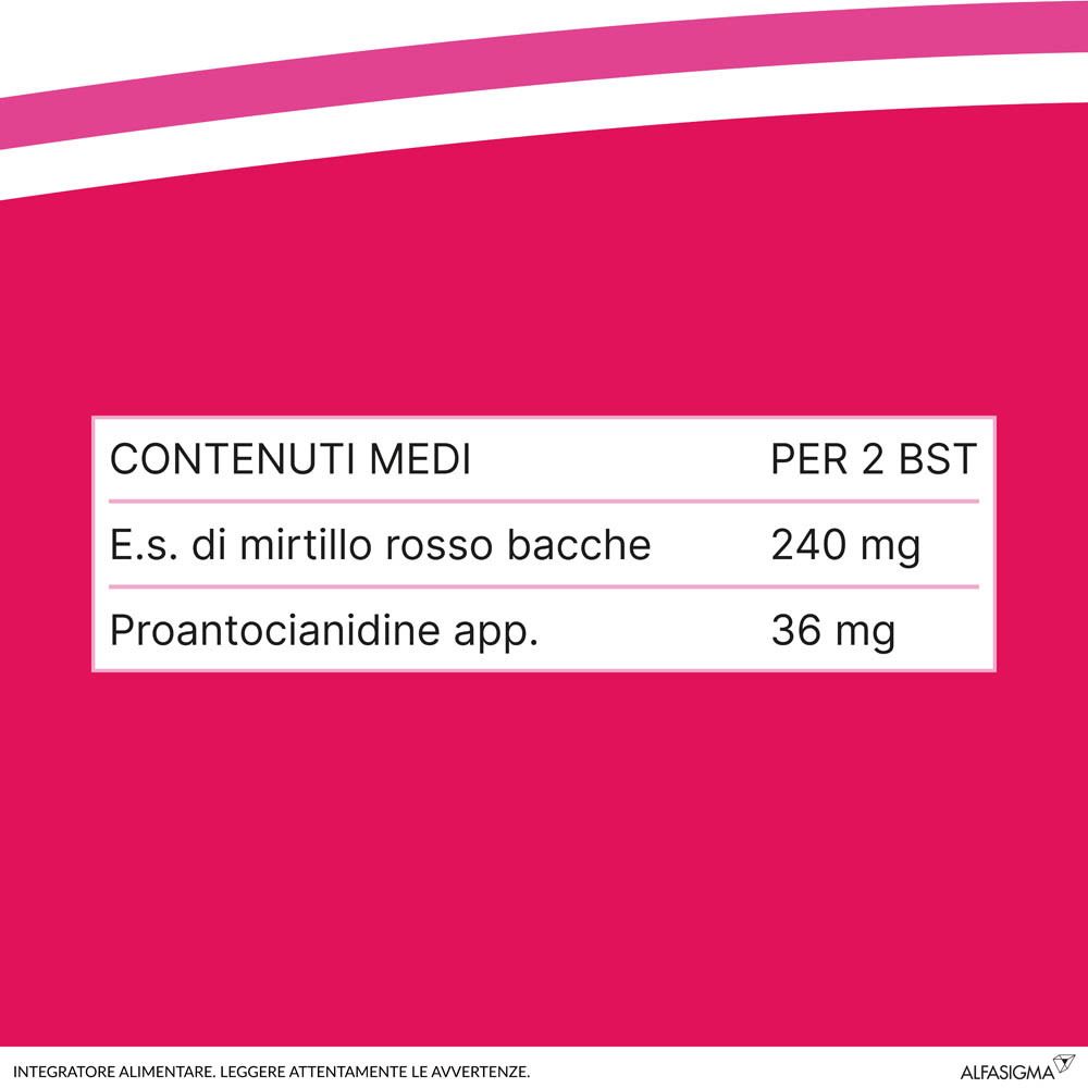 Tableau des ingrédients : Myrtille rouge, Proanthocyanidines. Pour 2 sachets : 240 mg, 36 mg.