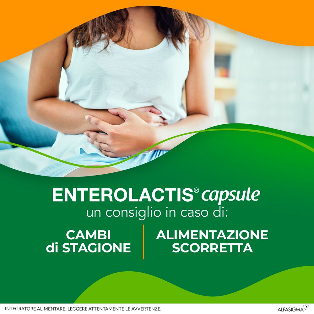 Werbung für Enterolactis capsule. Frau hält Bauch. Text: Bei Saisonwechsel und falscher Ernährung.