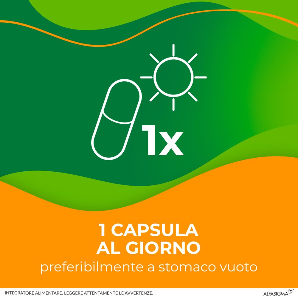 Grafik: Eine Kapsel und Sonne. Text: 1 Kapsel pro Tag, vorzugsweise auf nüchternen Magen.
