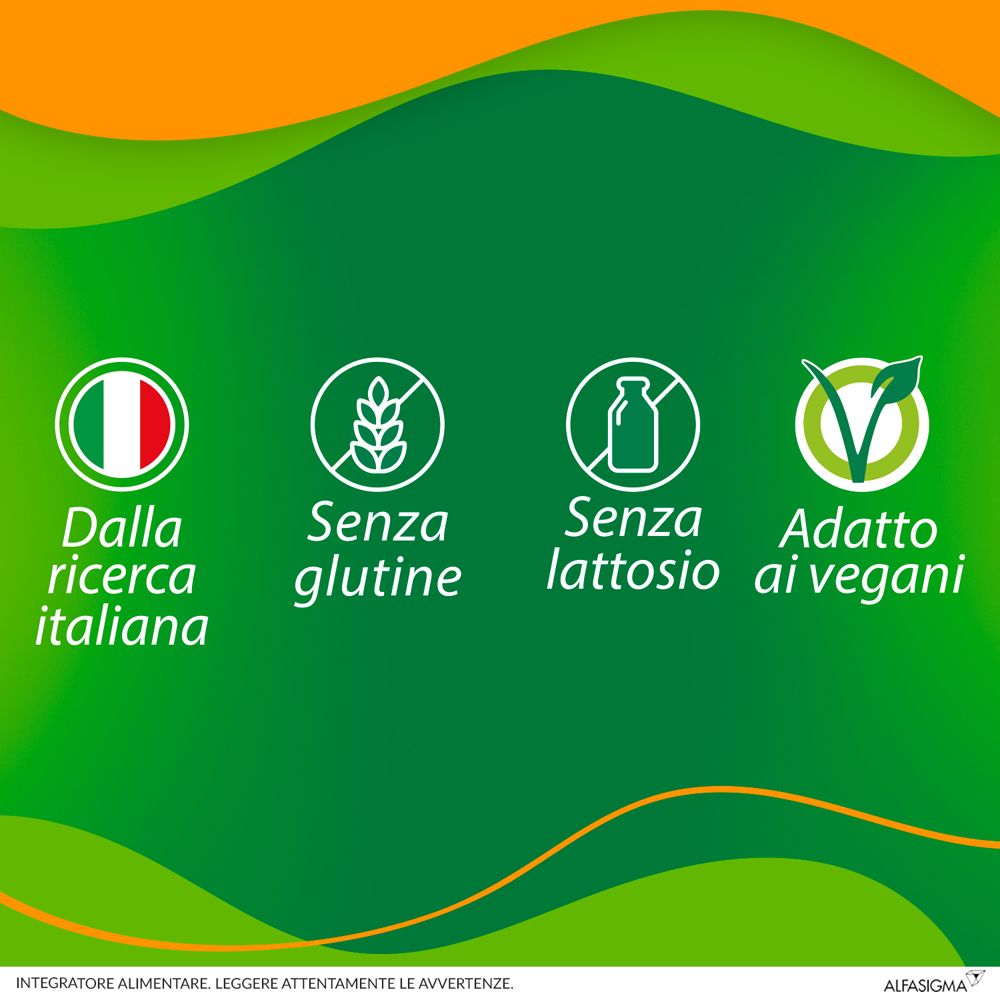 Symbole: Italienische Forschung, glutenfrei, laktosefrei, für Veganer geeignet.