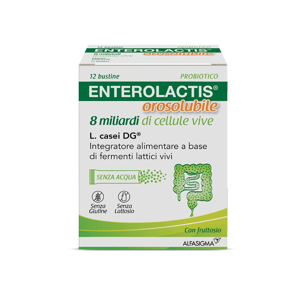 Verpackung von Enterolactis Orosolubile, 12 Beutel. Enthält 8 Milliarden lebende Zellen. Gluten- und laktosefrei.