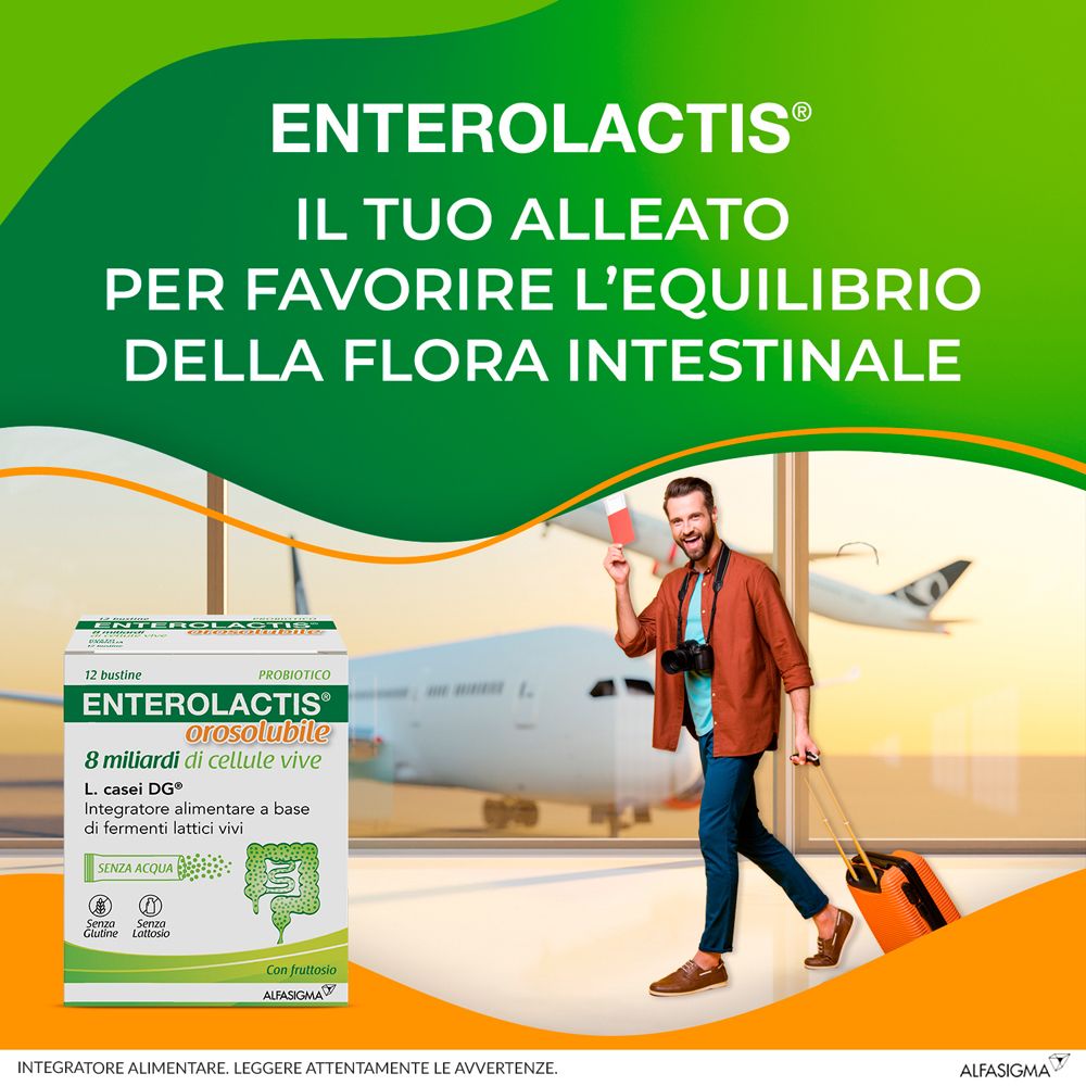 Werbebild mit Enterolactis Orosolubile. Mann mit Koffer am Flughafen. Text: Fördert das Gleichgewicht der Darmflora.