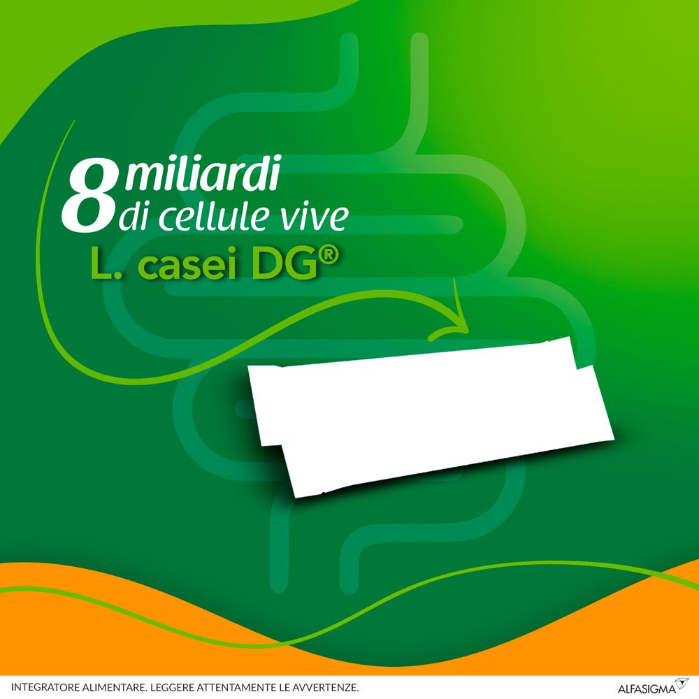 Grafik mit 8 Milliarden lebenden Zellen und L. casei DG®. Grüner Hintergrund mit orangefarbenen Elementen.