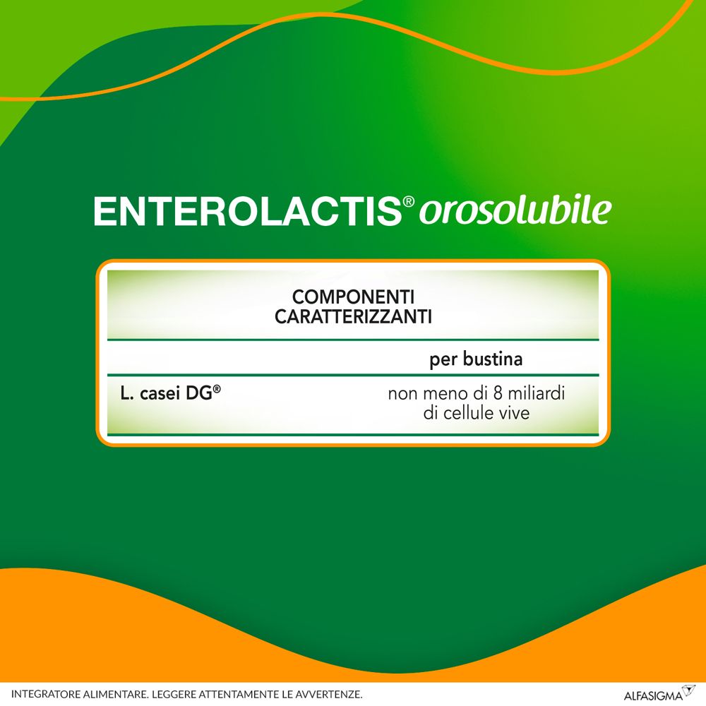 Text: Enterolactis Orosolubile. Charakteristische Bestandteile pro Beutel: L. casei DG®, mindestens 8 Milliarden lebende Zellen.