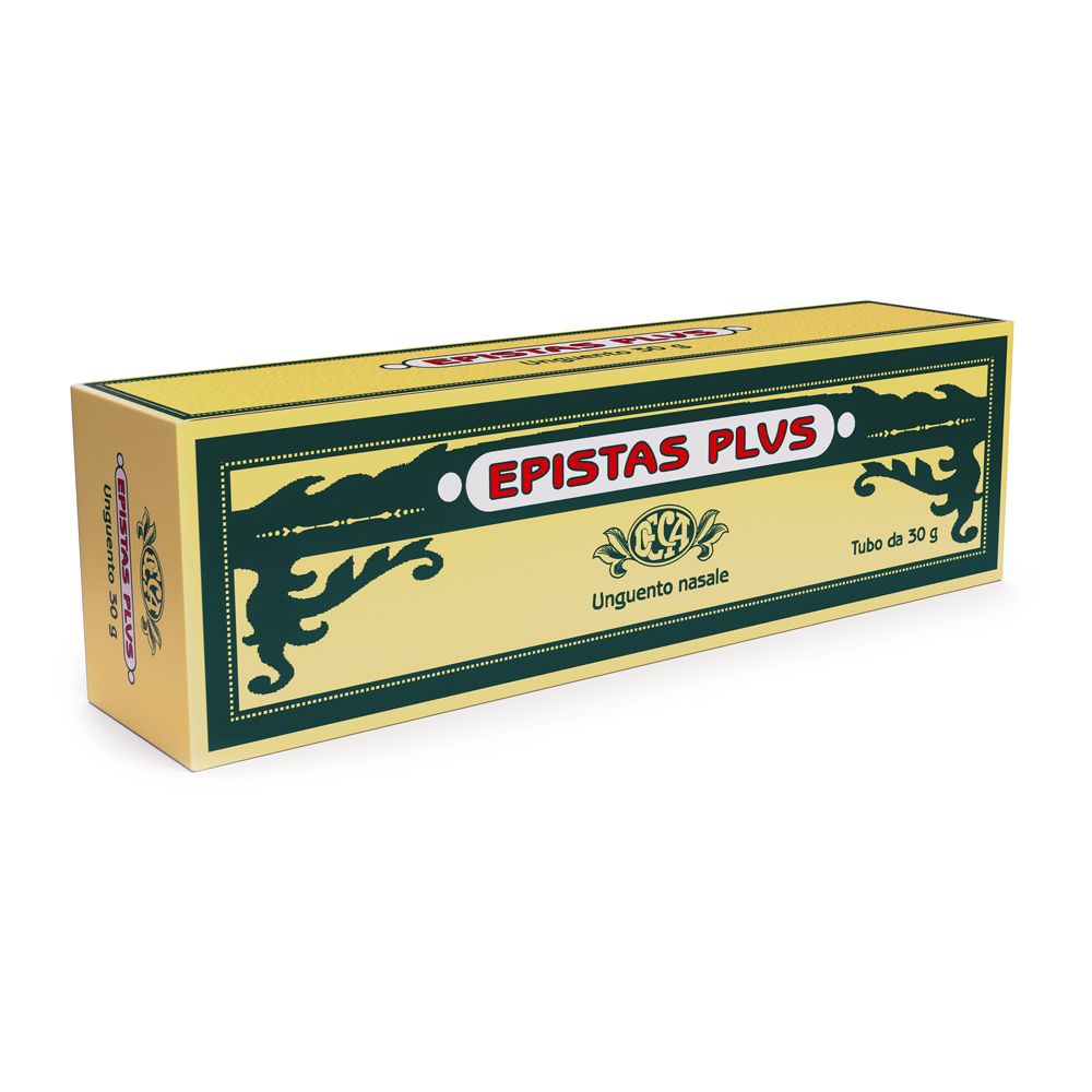 Boîte jaune avec cadre vert. Inscription: Epistas Plus, Unguento nasale. Tubo da 30 g.