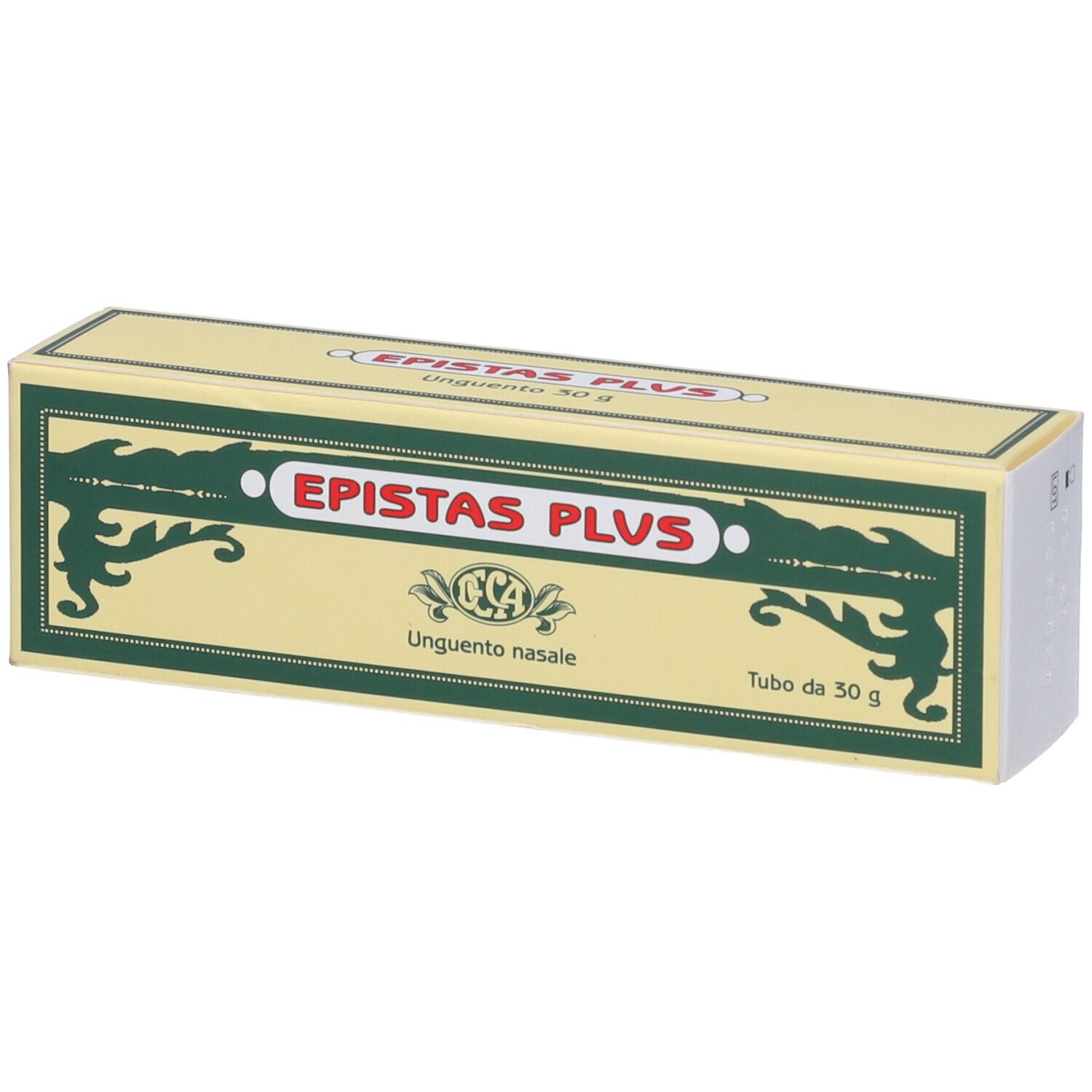 Boîte jaune avec cadre vert. Inscription: Epistas Plus, Unguento nasale. Tubo da 30 g.