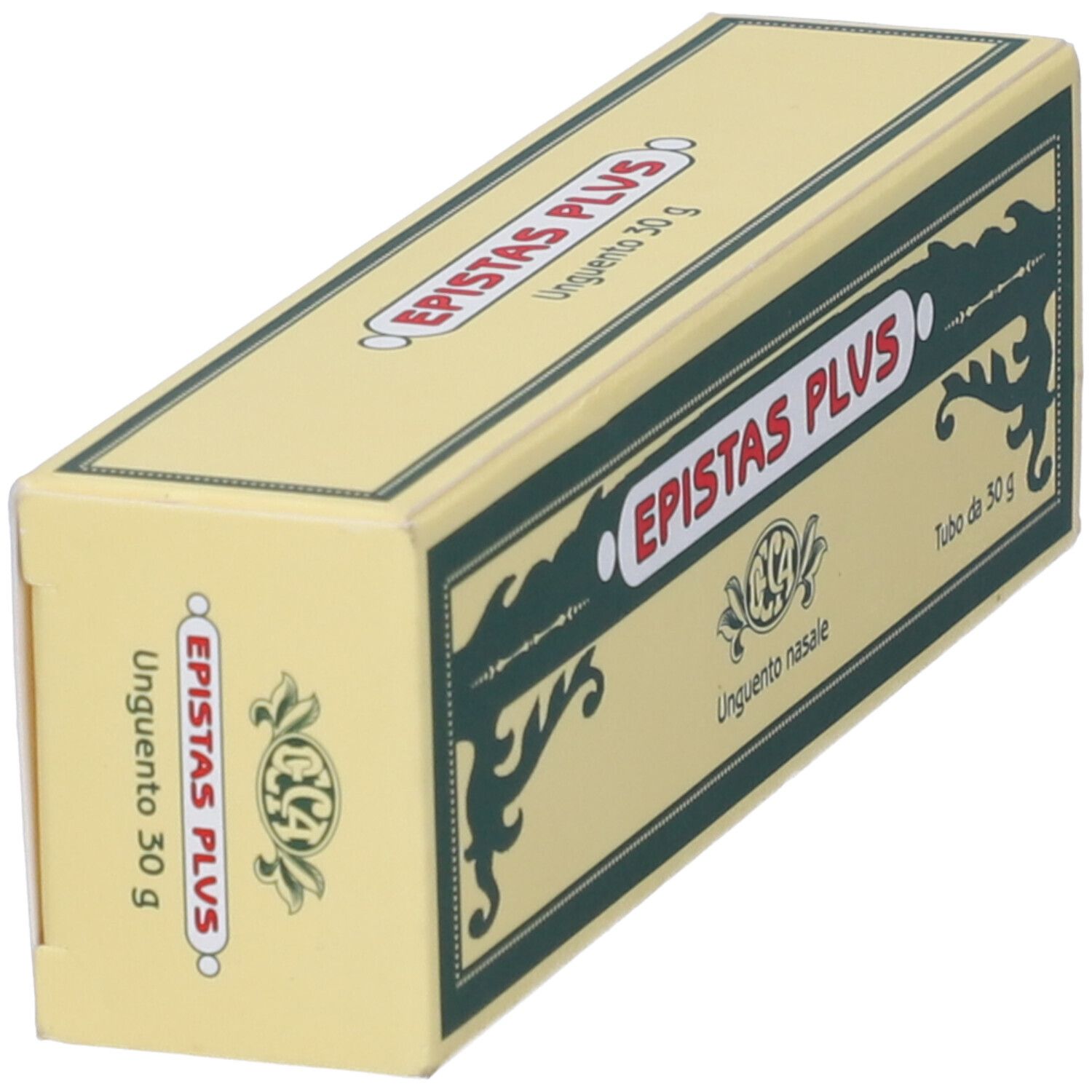 Boîte jaune avec cadre vert. Inscription: Epistas Plus, Unguento nasale. Tubo da 30 g.