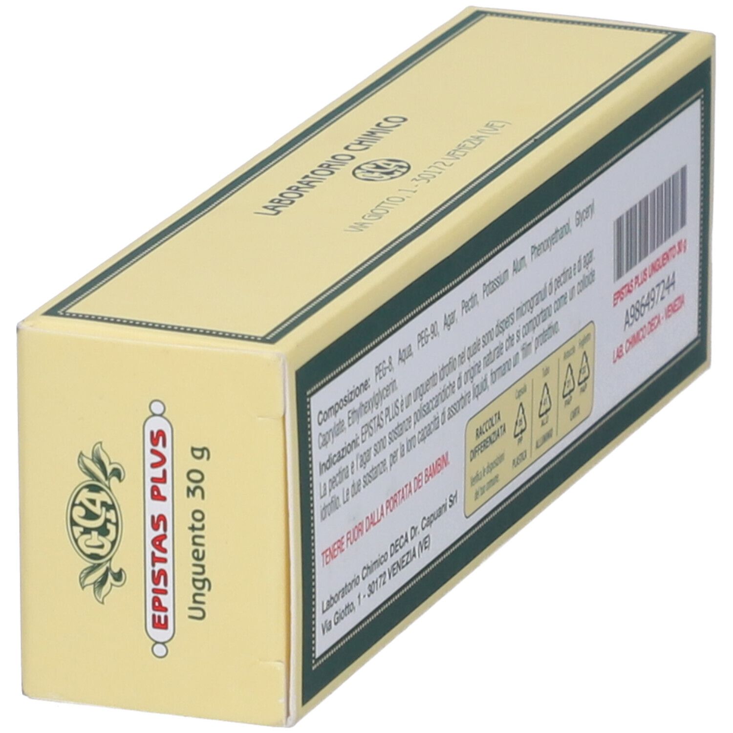Boîte, jaune avec cadre vert. Inscription: Epistas Plus, Unguento 30 g. Dos avec texte et code-barres.