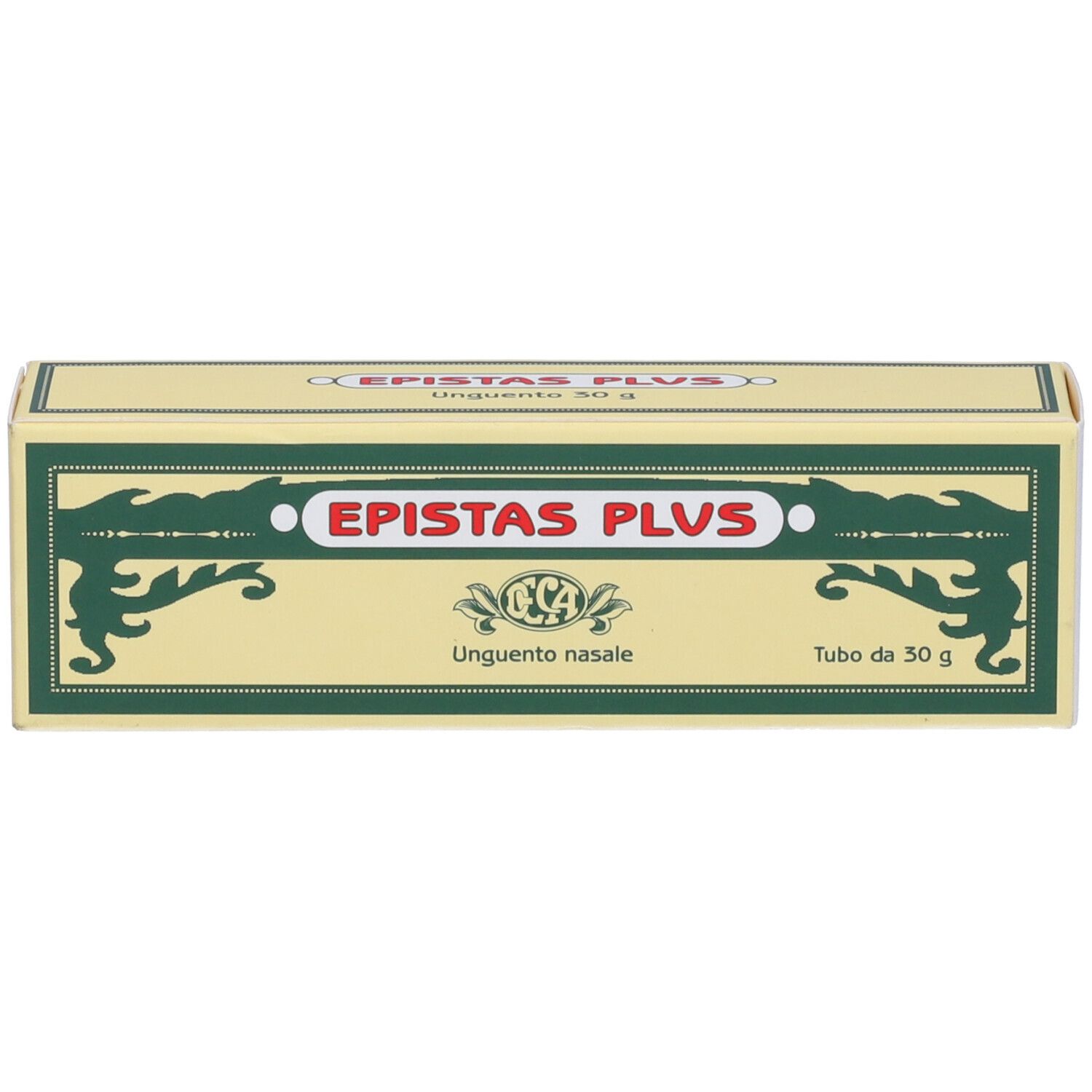 Boîte jaune avec cadre vert. Inscription: Epistas Plus, Unguento nasale. Tubo da 30 g.