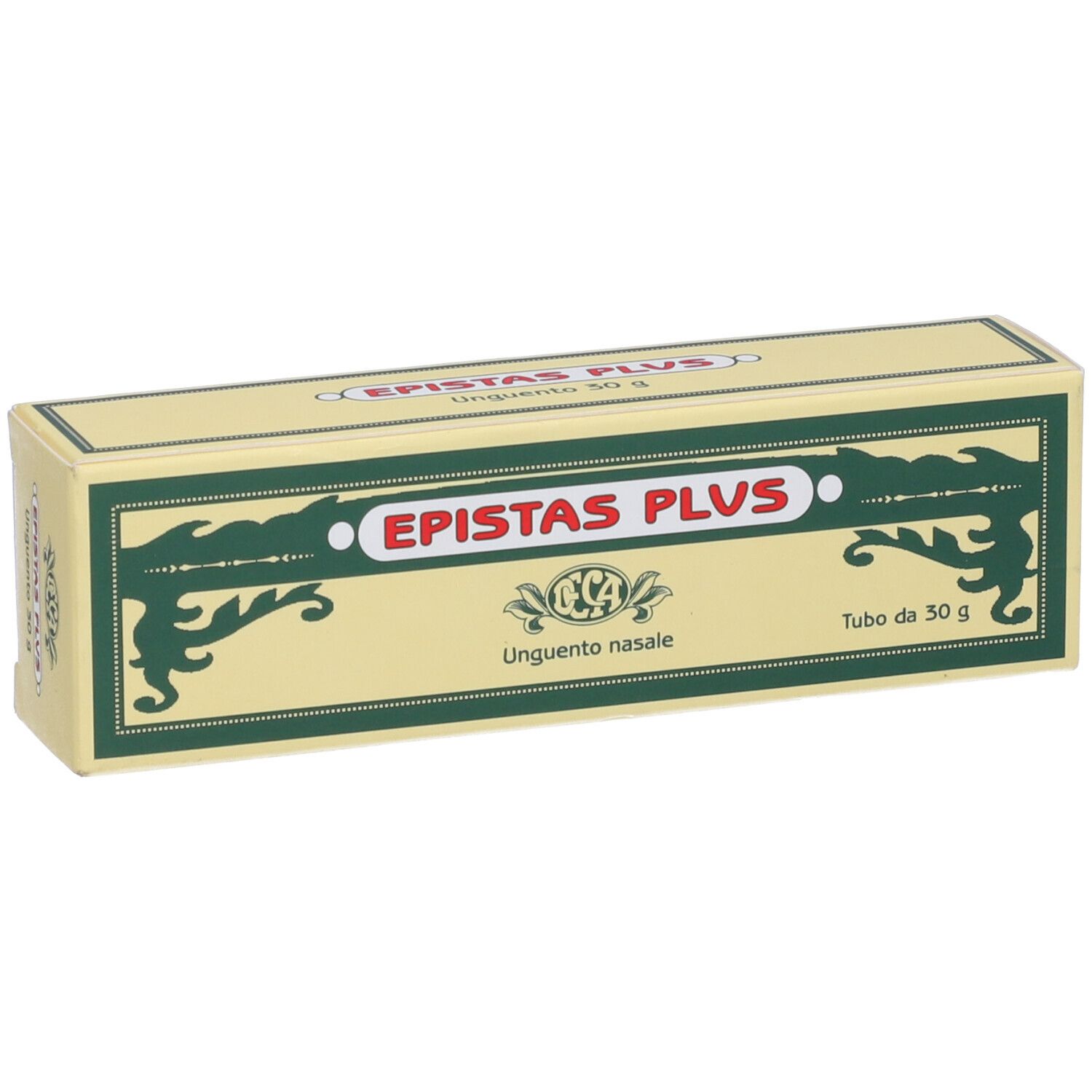 Boîte jaune avec cadre vert. Inscription: Epistas Plus, Unguento nasale. Tubo da 30 g.