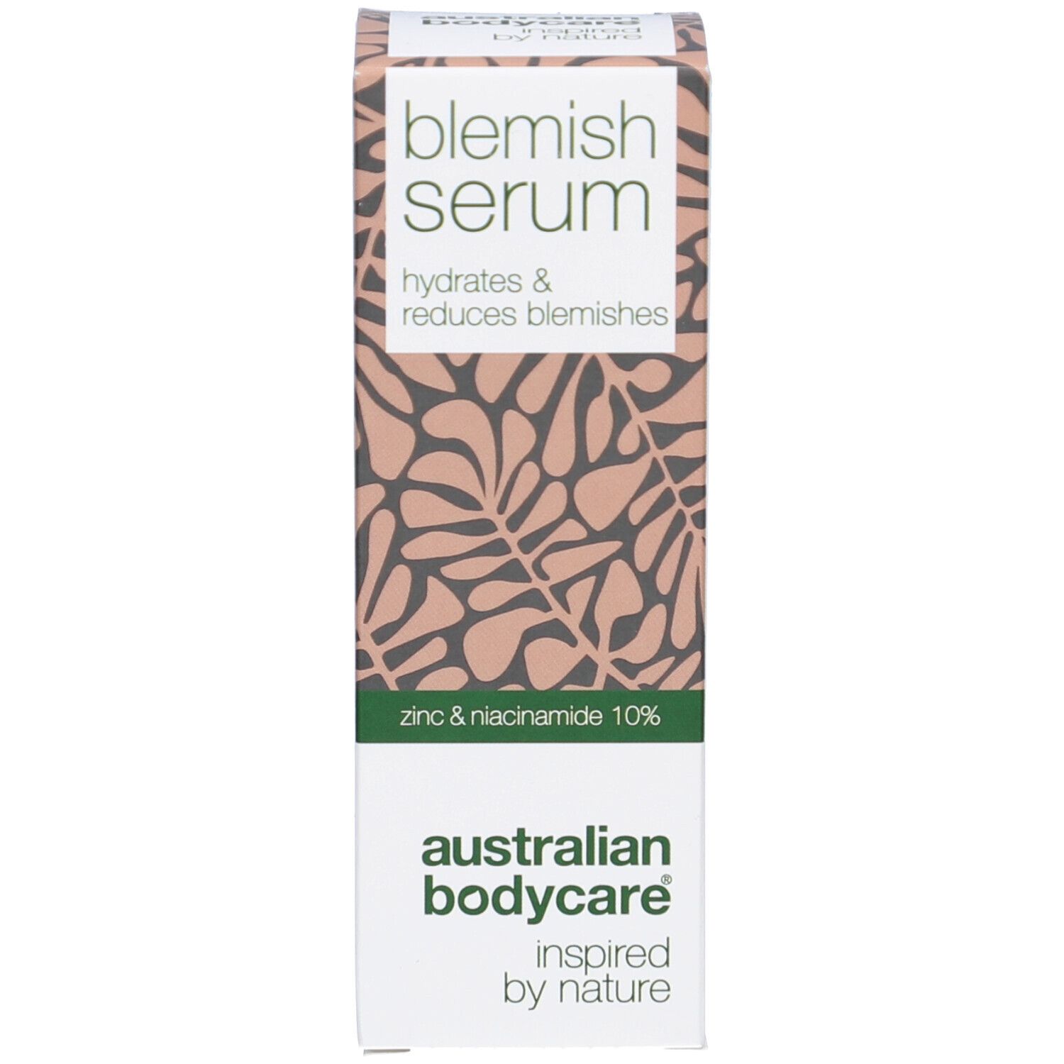 Produktverpackung. Aufschrift: Blemish Serum, hydratisiert & reduziert Hautunreinheiten. Mit Text.