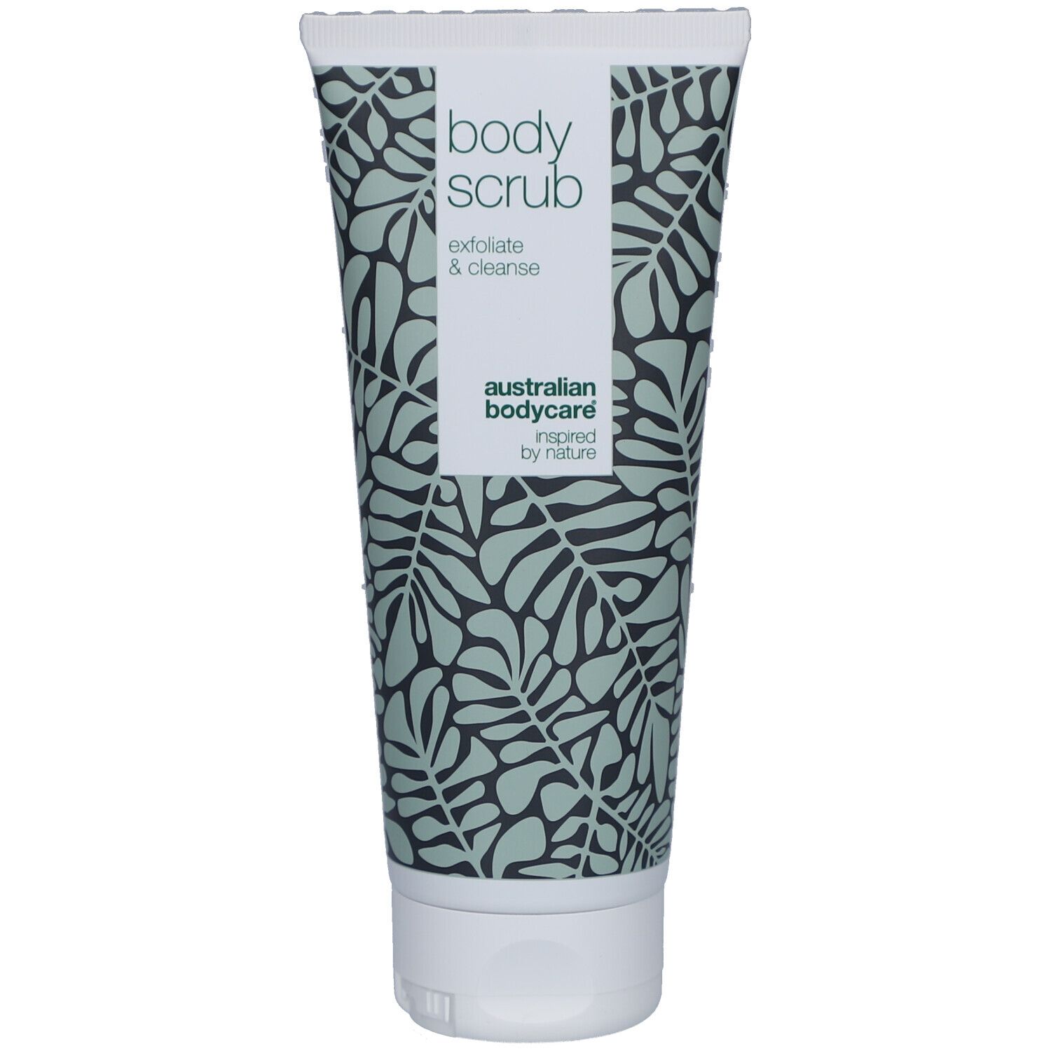 Tube mit Körperpeeling, bedruckt mit Blättermuster. Marke: Australian Bodycare.