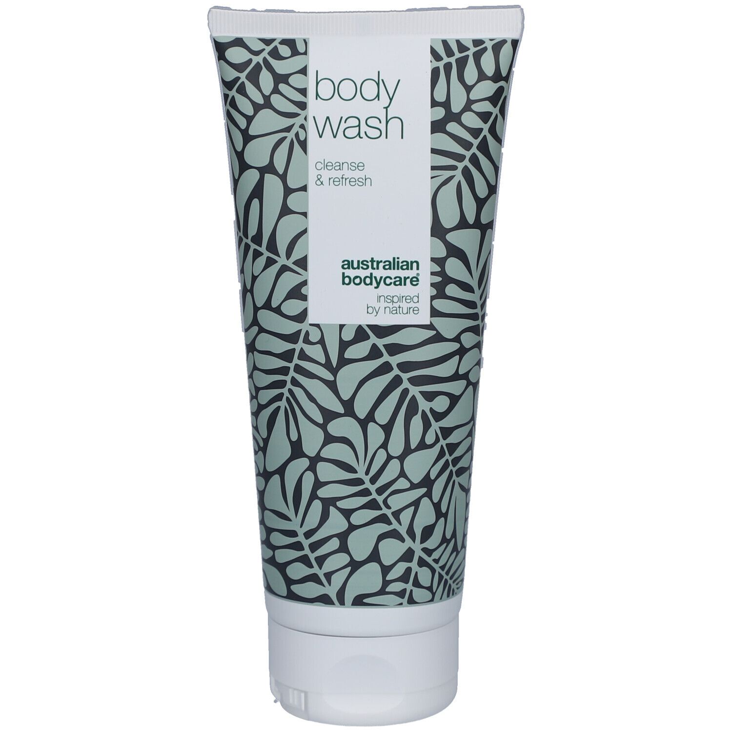 Tube mit Körperwaschmittel, "australian bodycare" Aufdruck, Blattmuster.