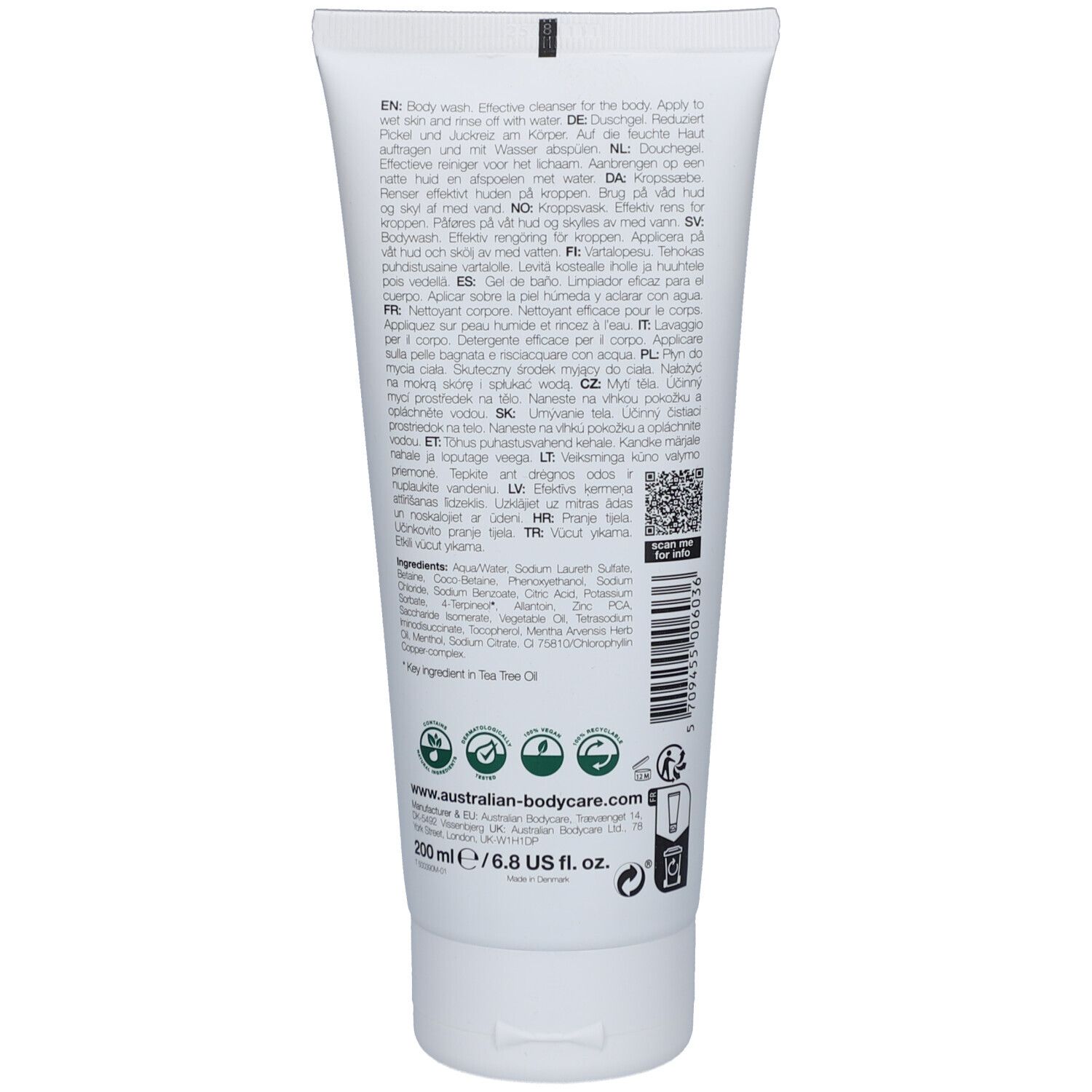Weiße Tube mit schwarzem Aufdruck, 200ml. Enthält Teebaumöl.