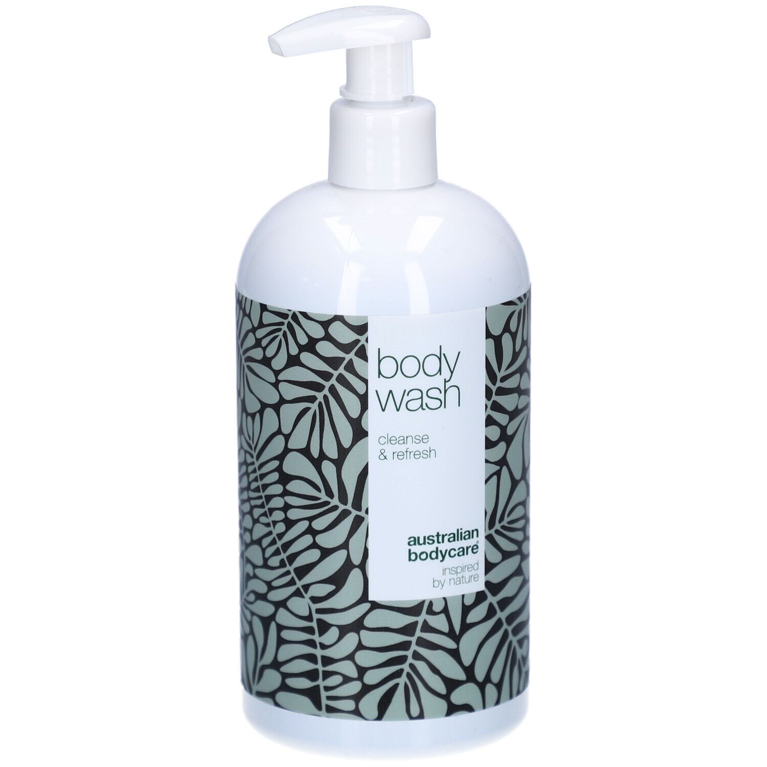 Weiße Pumpflasche mit Body Wash, Blattmuster und australischem Bodycare-Logo.