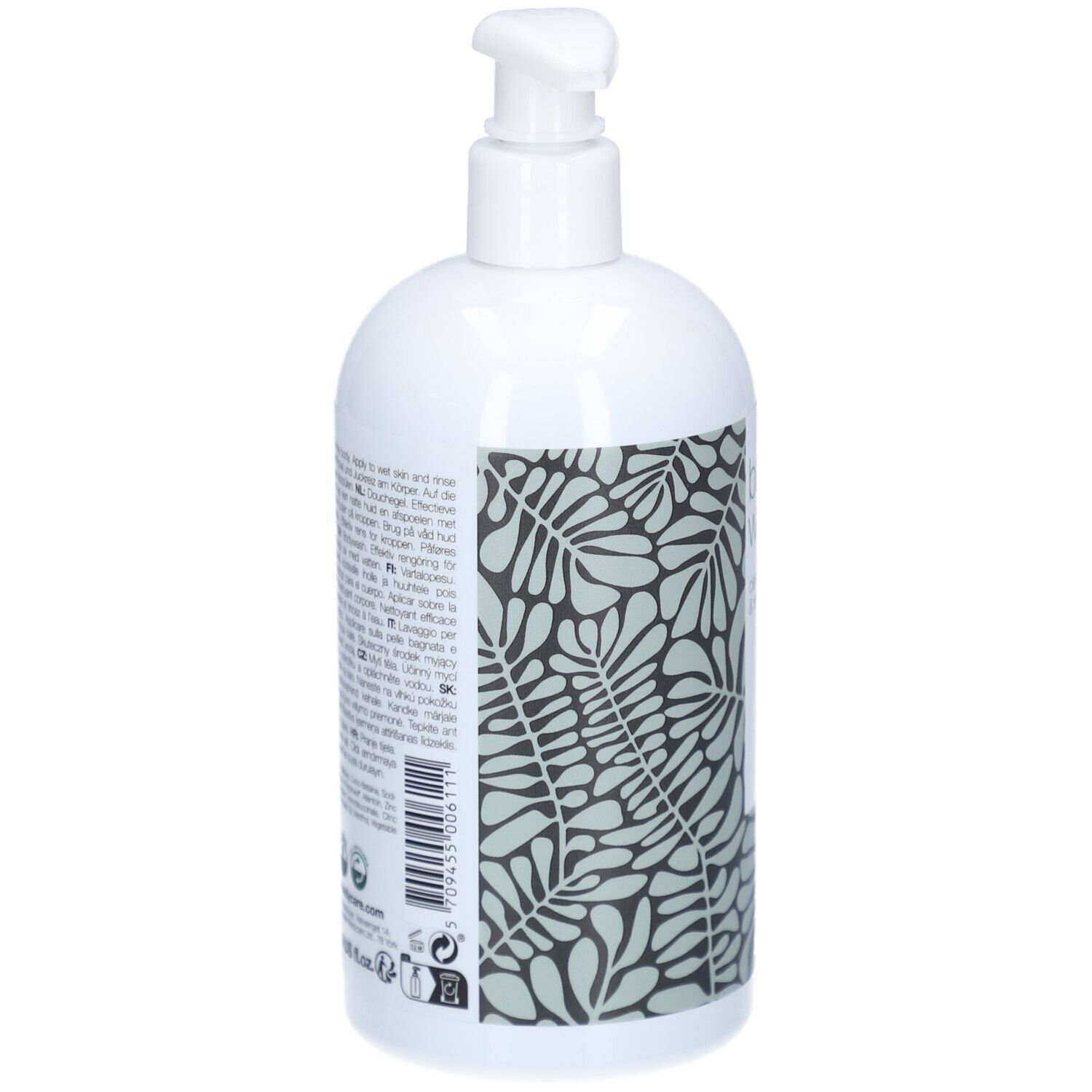 Weiße Pumpflasche mit Blattmuster und Textetikett.