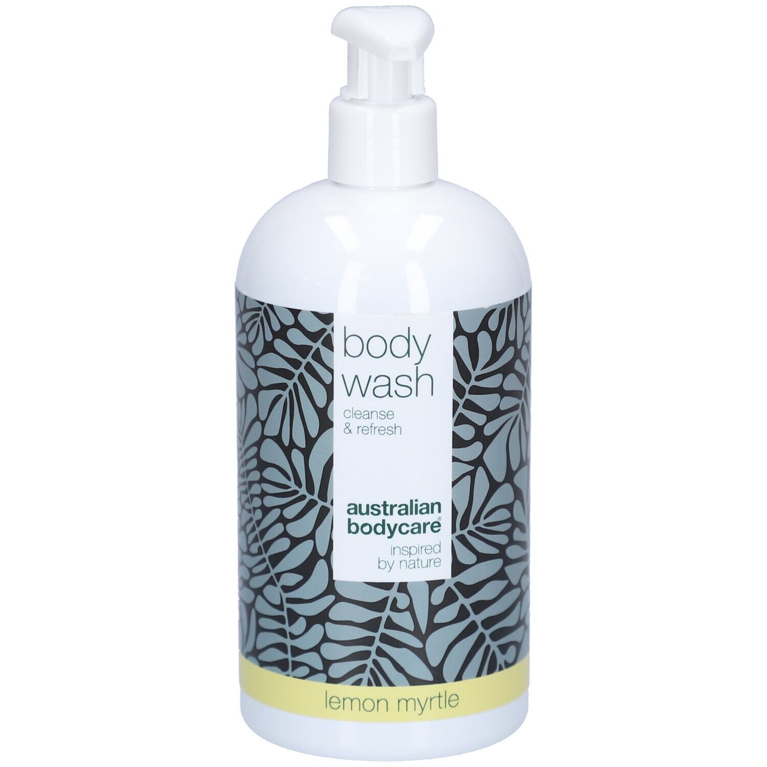 Weiße Pumpflasche mit Body Wash, "australian bodycare" und "lemon myrtle" Aufschrift, umgeben von Blattmuster.